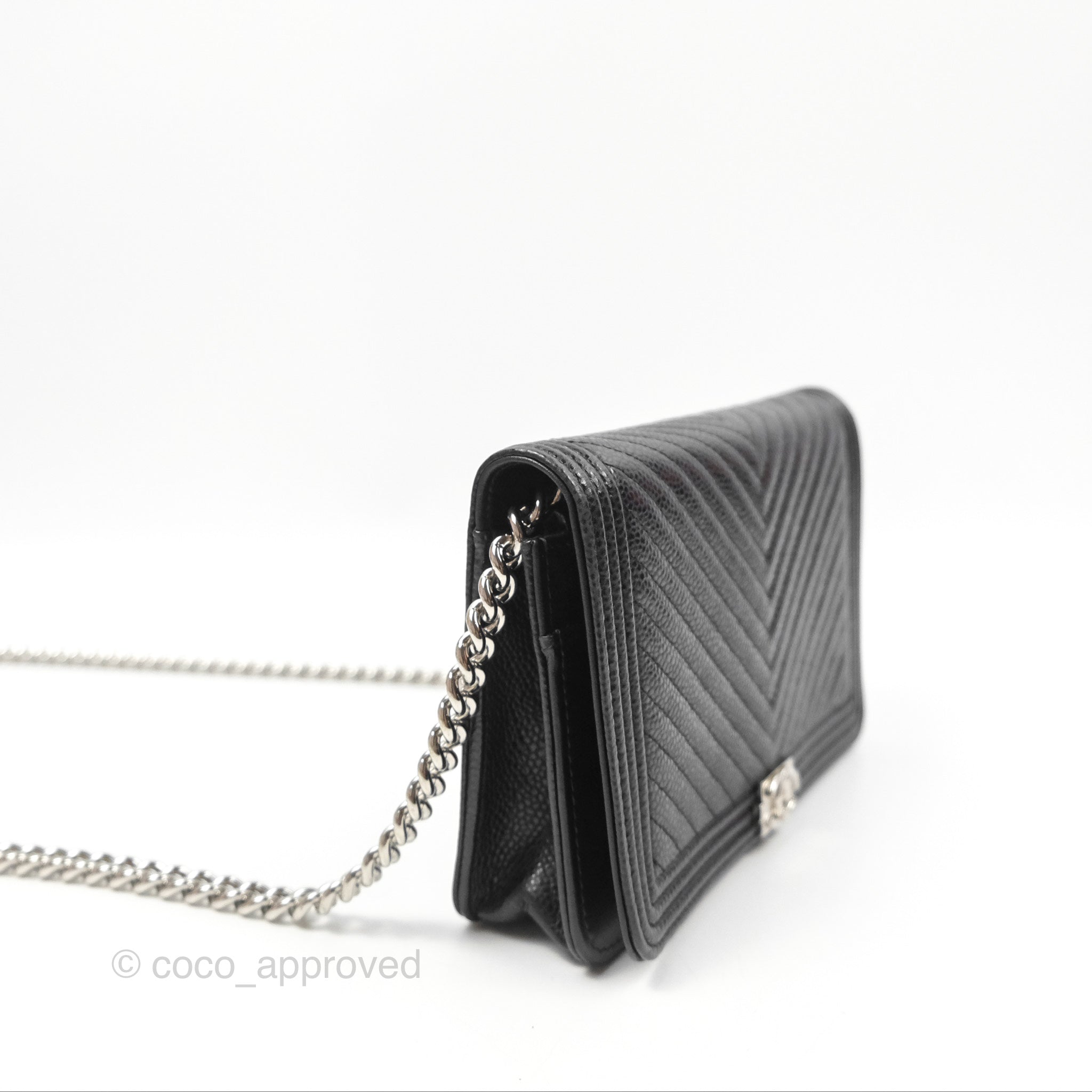 Chanel Chevron Boy Wallet on Chain WOC Black Caviar Leather with Silver Hardware - Luxury Crossbody Bag for Women, Perfect for Evening Parties & Date Nights
