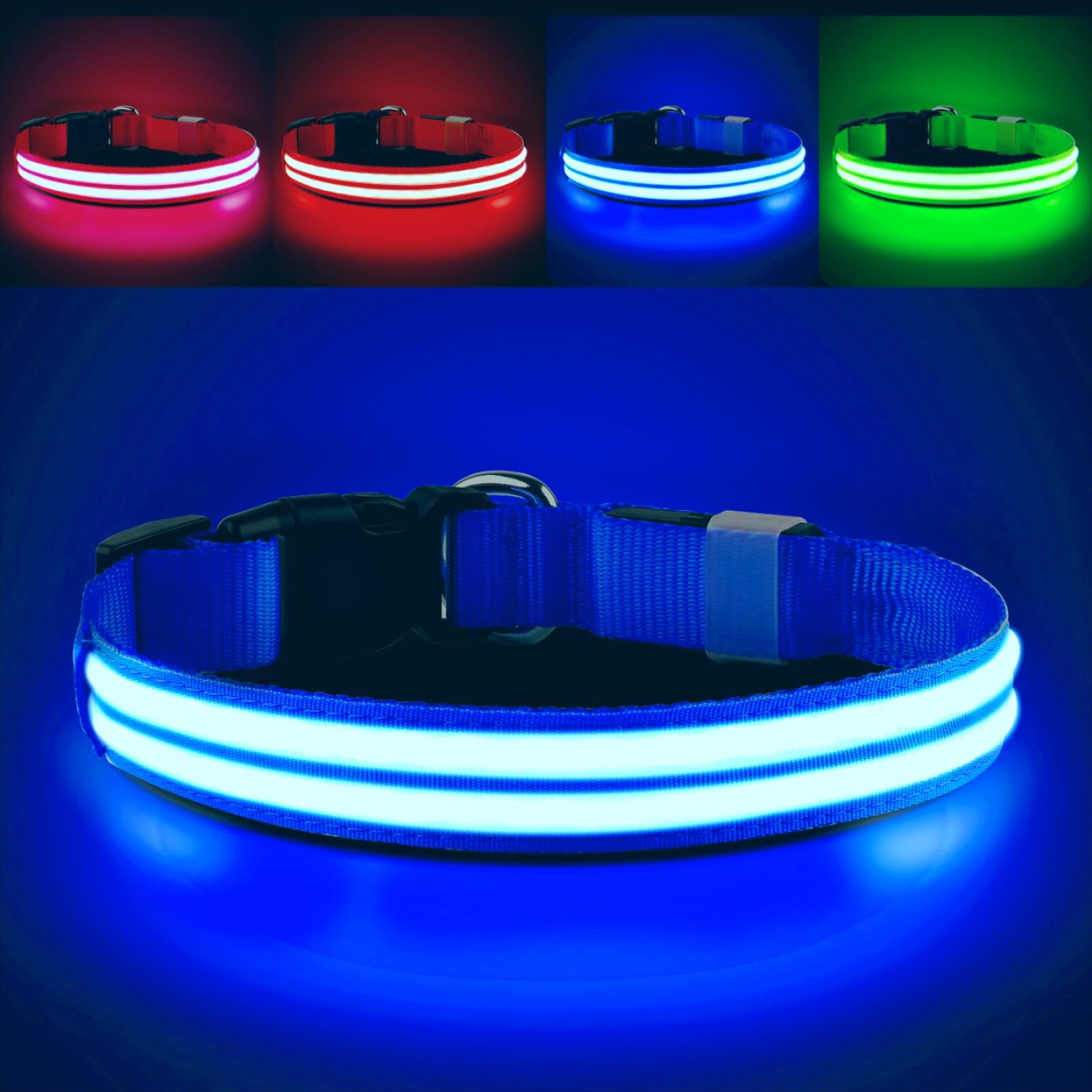 Rechargeable LED Dog Collar - Waterproof Flashing Safety Collar with Glow in The Dark Light for Small Medium Large Dogs | Night Walking, Jogging, Camping & Outdoor Activities