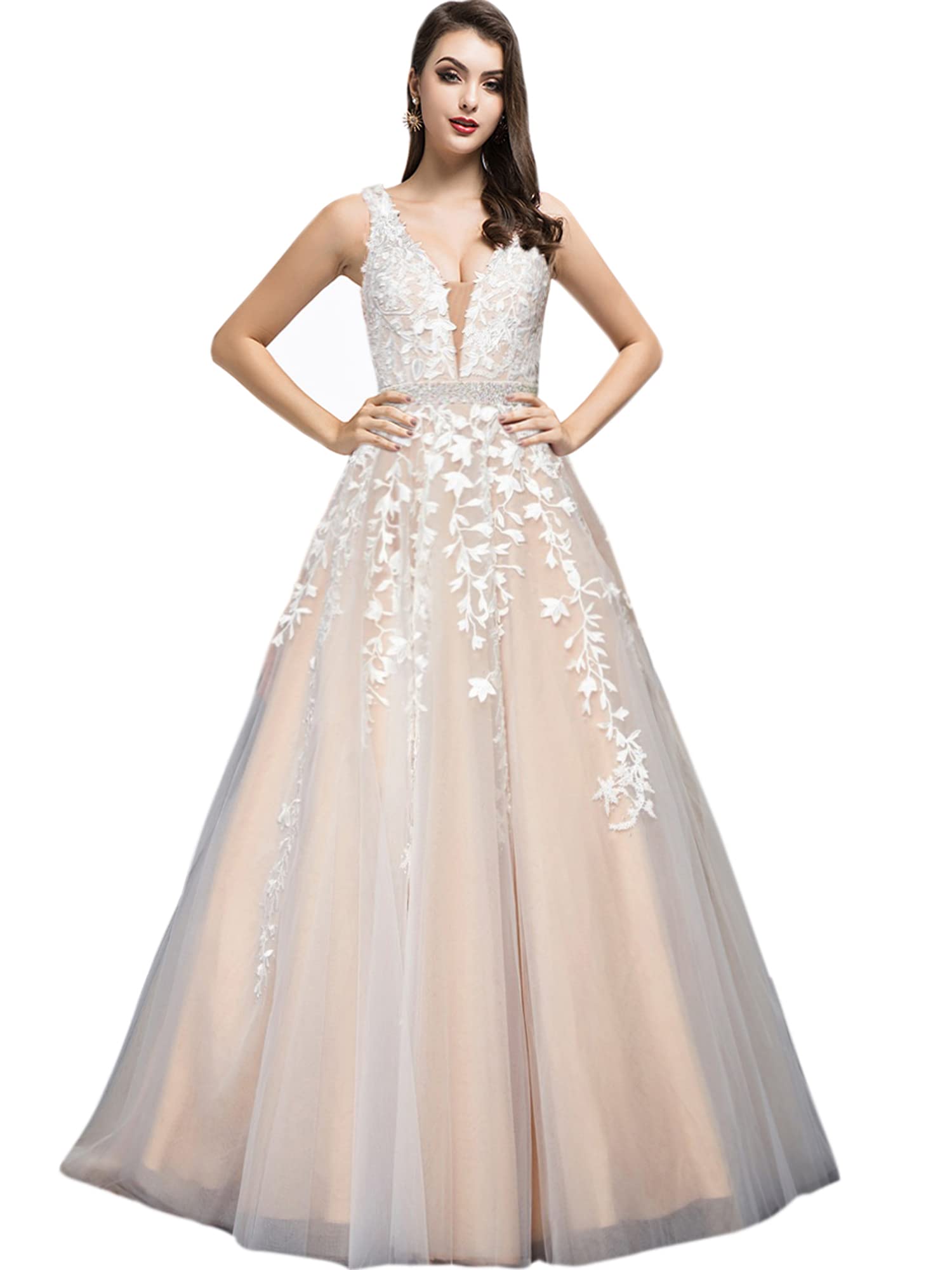 Elegant A-Line Long V-Neck Prom Dress with Military Lace Applique - Perfect for Weddings, Parties & Formal Events 2022