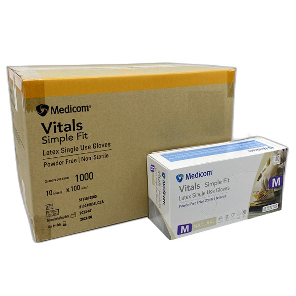 Medicom Vitals Latex Disposable Gloves - 100 Count Box, Powder Free & Clear for Medical, Dental, Food Service & Home Use | Latex Exam Gloves for Healthcare Professionals & Personal Protection