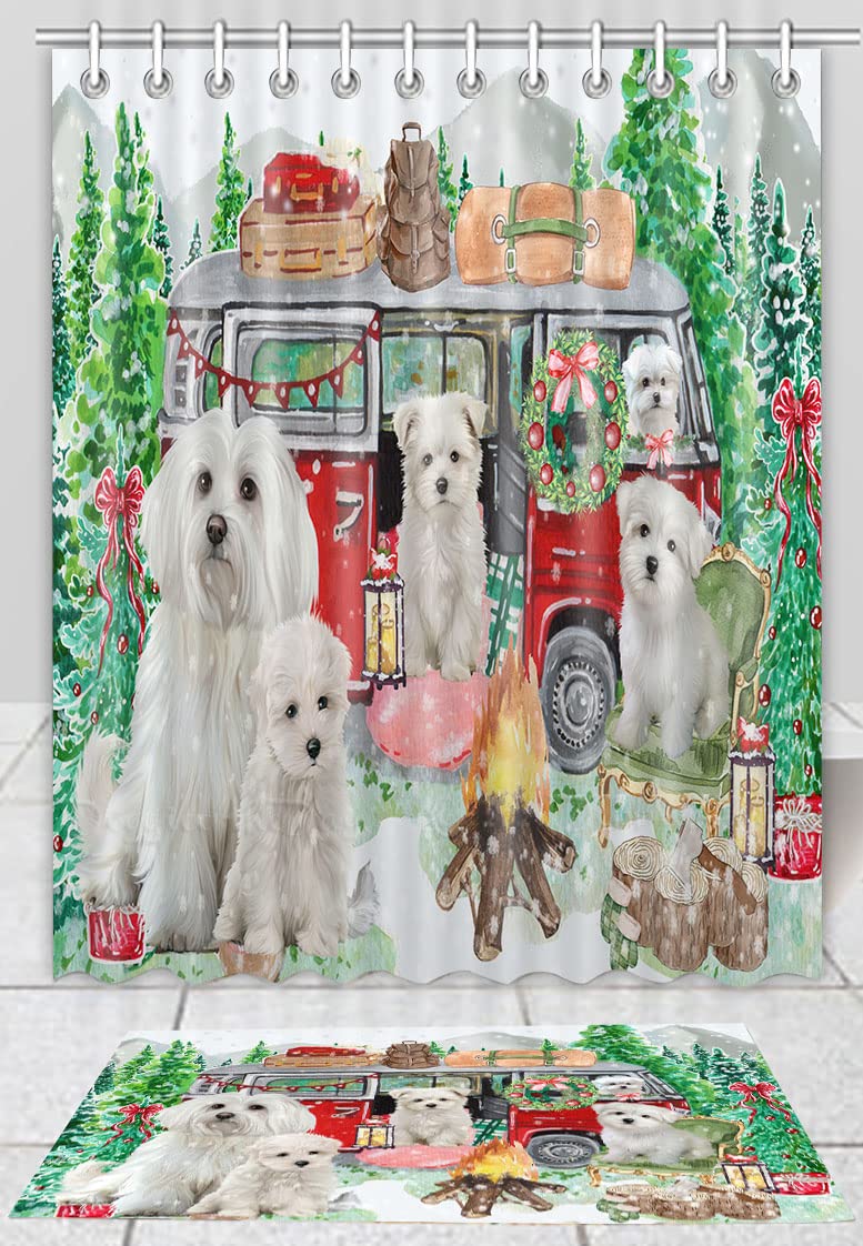 Christmas Themed Dog Shower Curtain & Bath Mat Set - Anti-Slip Polyester Bathroom Decor with Hooks for Maltese Lovers (Bath Mat 20