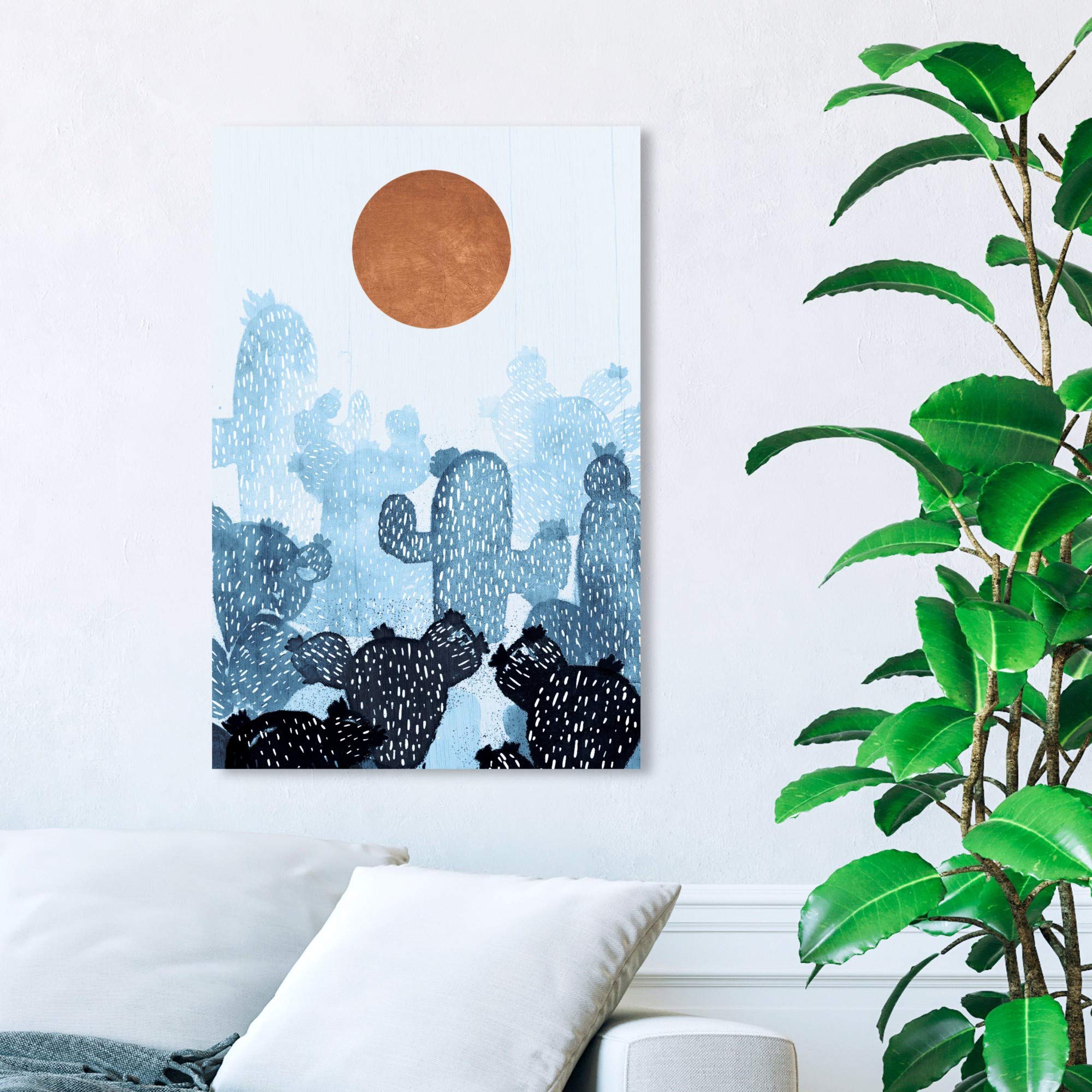 Wynwood Studio Floral and Botanical Wall Art Canvas Prints - Cactus Copper Sun Home Décor Painting, 24x36 Inches, Blue and Orange - Perfect for Living Room, Bedroom & Office Wall Decor