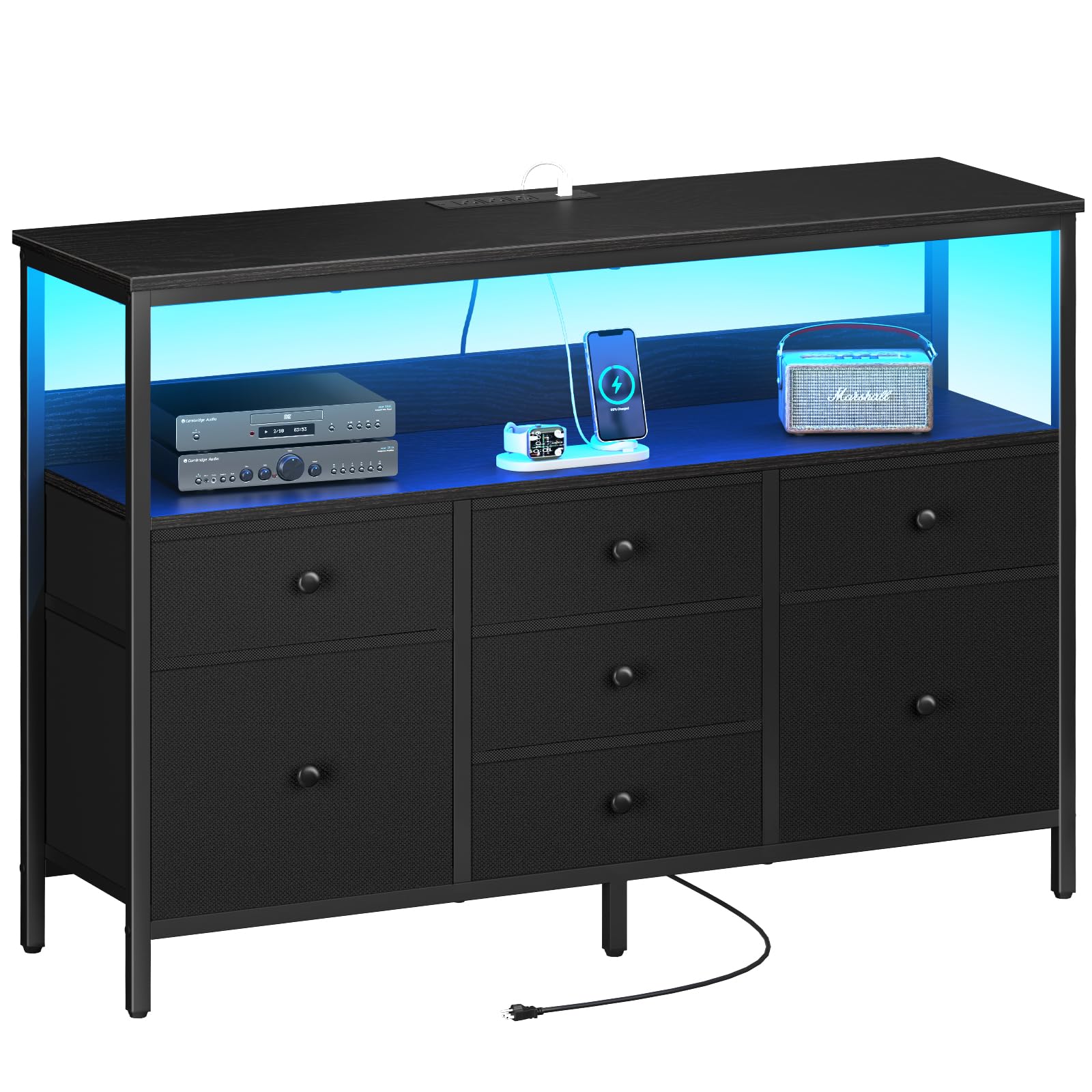 Yoobure 50 Inch LED TV Stand with Power Outlets - 7 Drawer Kids Dresser & Entertainment Center with Storage Shelf - Modern TV Console for Bedroom, Living Room | Perfect for Small Spaces, Gaming Setup & Media Storage
