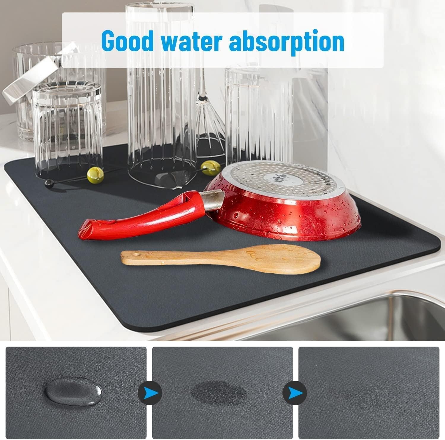 **YOGVAYNA Large Absorbent Kitchen Dish Drying Mat (40x45 cm) - Quick Dry Non-Slip Countertop Mat for Dishes, Utensils & Cookware - Perfect for Sink, Counter, or Cabinet Use**