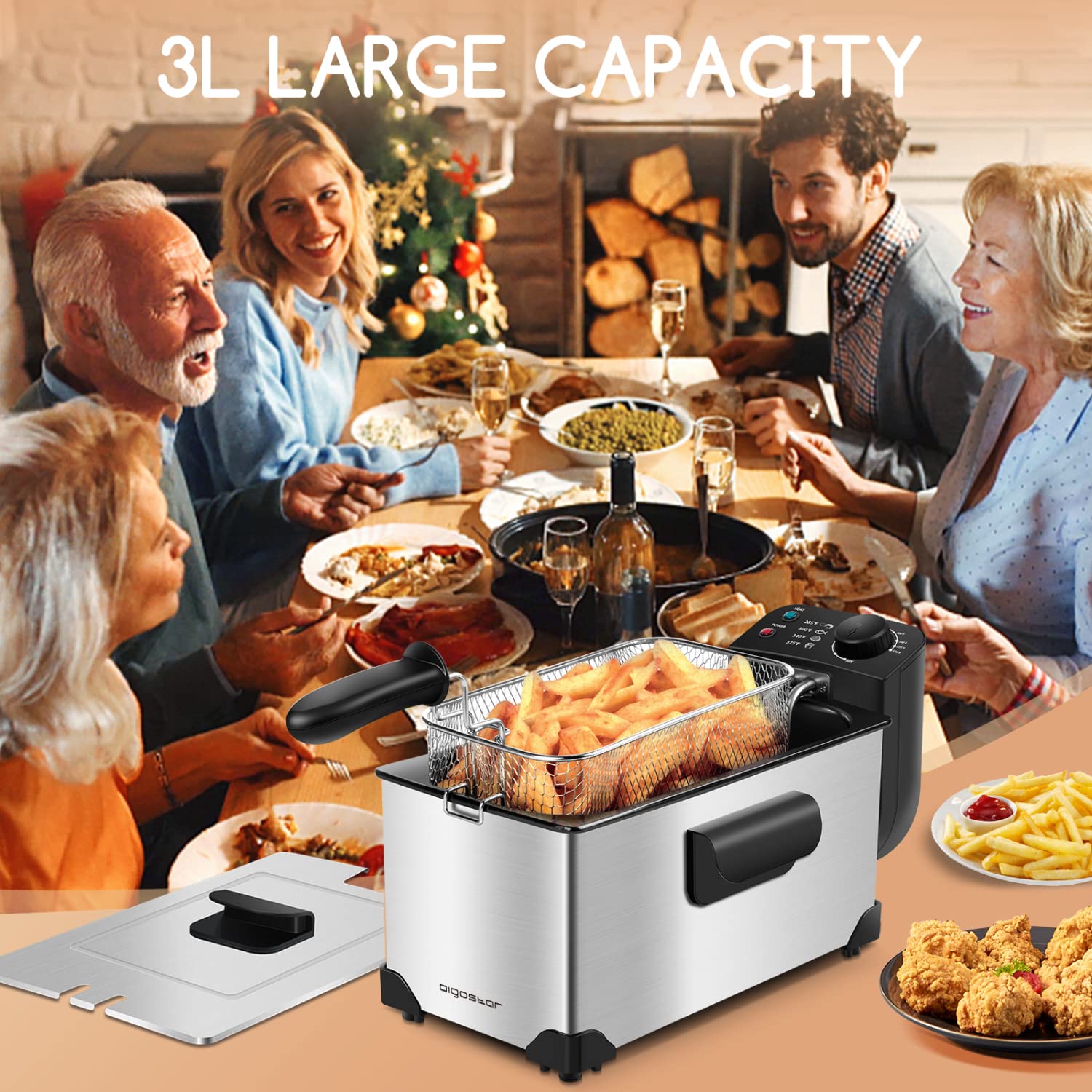 Aigostar 2200W Deep Fryer with 3L Capacity, 304 Stainless Steel Oil Basket & Temperature Control - Perfect for Home Kitchen, Restaurants, and Fast Food Shops - Silver Agni 30RGS