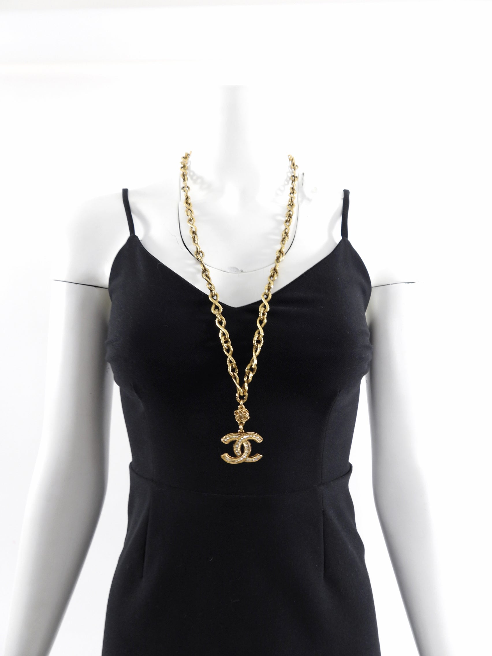 Vintage Chanel Crystal CC Logo Long Chain Necklace for Women - Elegant Layered Pendant Jewelry for Party, Wedding & Evening Wear