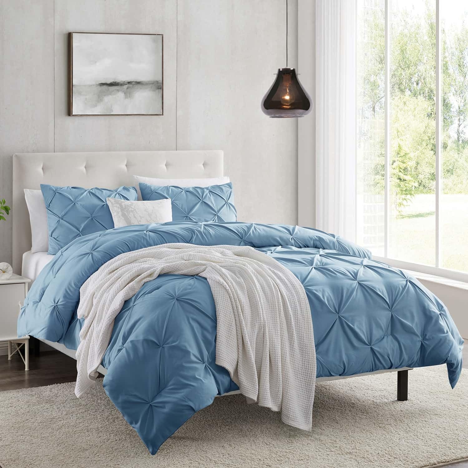 Nestl Blue Heaven Queen Size Duvet Cover Set - 3 Piece Pintuck Duvet Cover with Button Closure, Double Brushed Fabric, 90x90 Inches & 2 Pillow Shams | Soft & Breathable Bedding for Cozy Nights, Guest Room Decor, Luxury Hotel Style Bedroom Upgrade