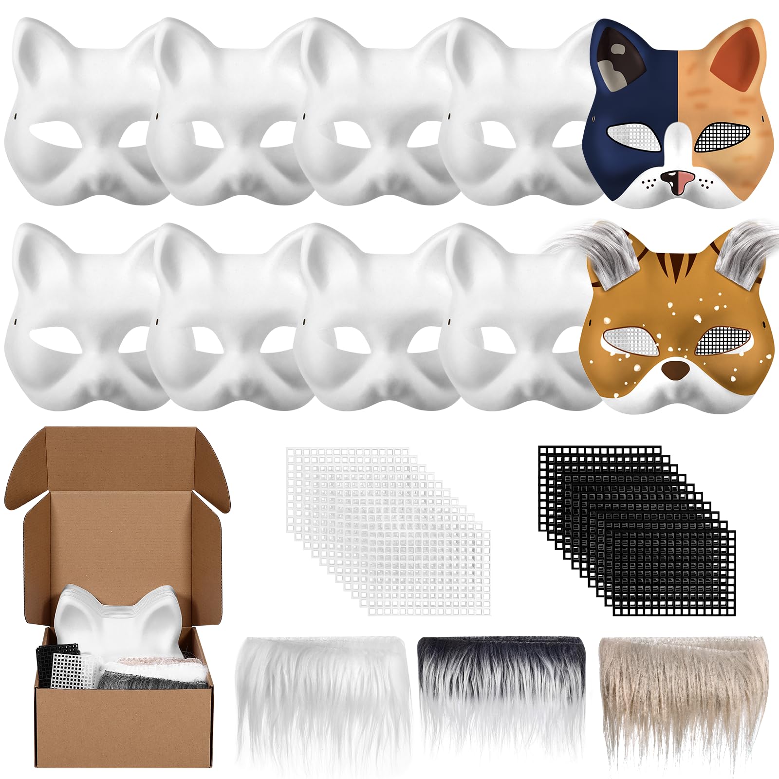 10Pcs DIY Blank White Cat Mask Therian Fox Mask with Fur & Eye Mesh - Paintable Furry Masquerade Mask for Halloween, Cosplay, Parties & Costume Events