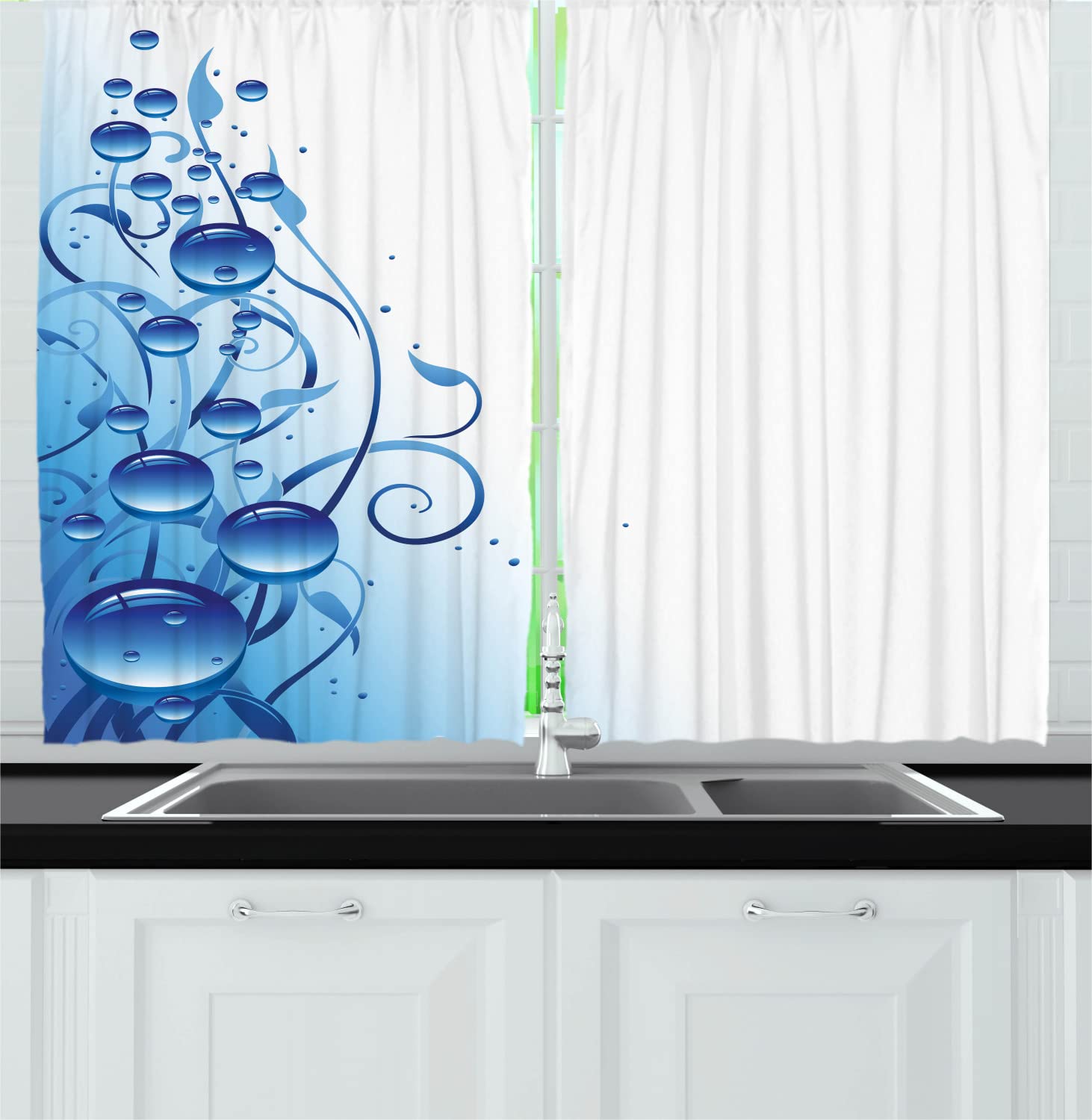 Ambesonne Abstract Long Kitchen Curtains - Water Drop & Nature Design, 2 Panel Set with Rod Pocket, 55