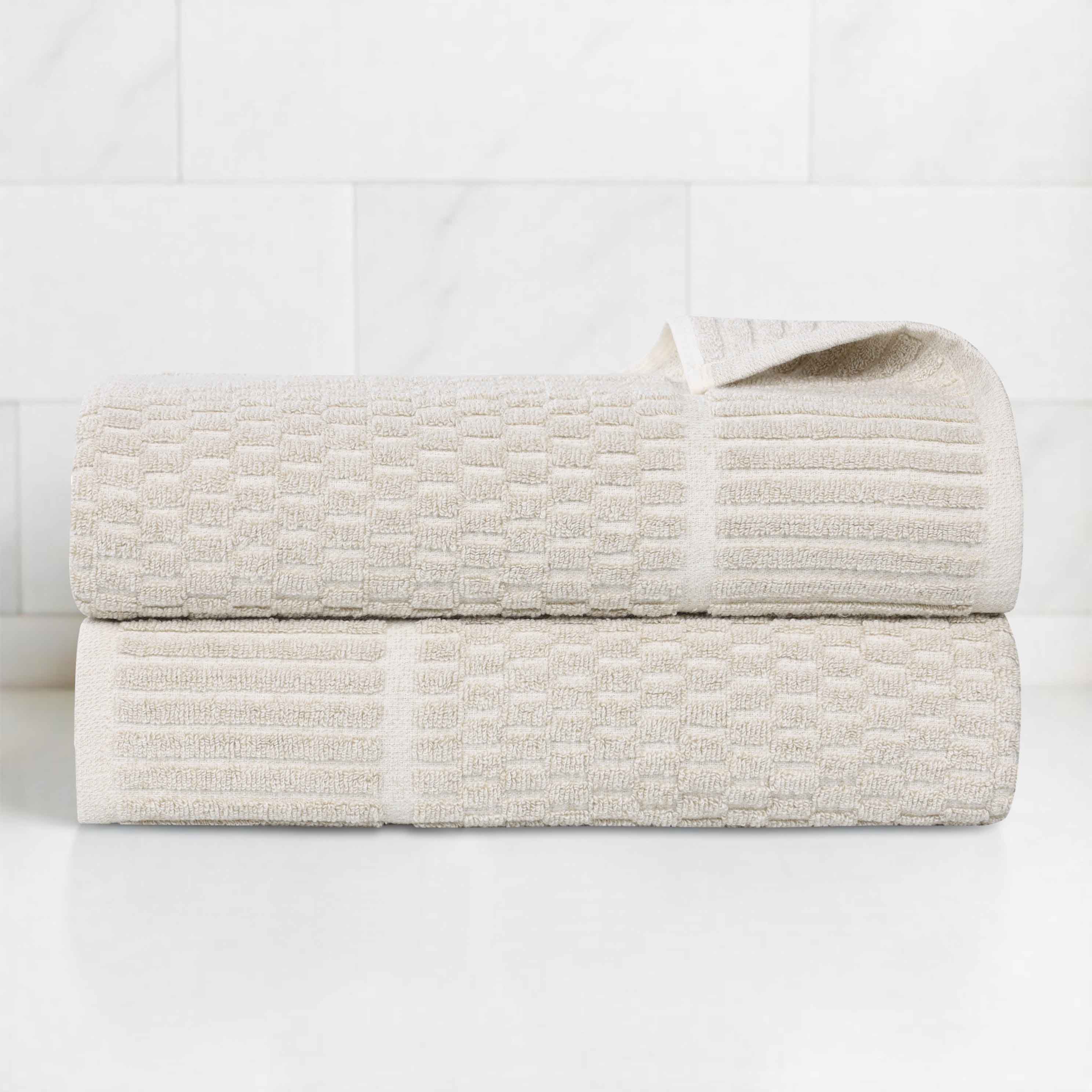 Premium Cotton Blend Checkered Border Bath Towels Set of 2 - Soft, Absorbent & Quick-Drying Medium Weight Towels for Bathroom, Spa, Gym & Beach Use