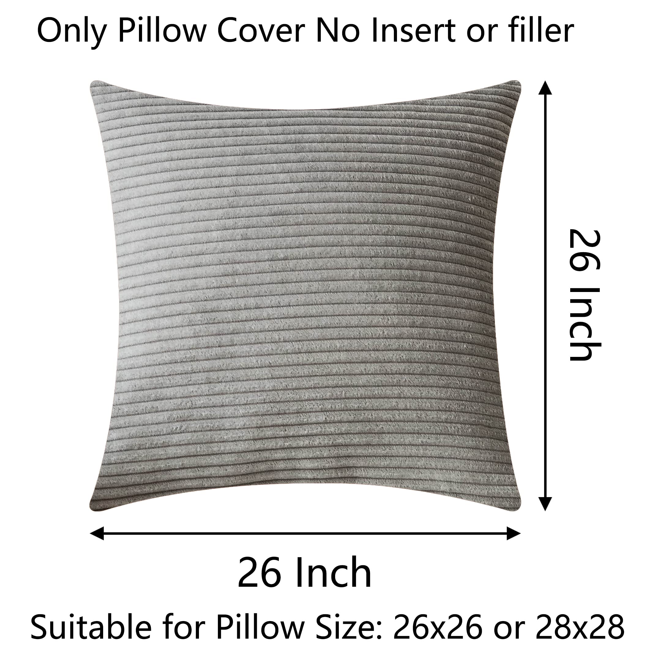 Premium Soft Corduroy Euro Sham Pillow Covers 26x26 Inch - Plush Striped Decorative Throw Pillowcases for Couch, Sofa & Bedroom - Set of 2 in Light Grey - Cozy Home Decor & Living Room Accent