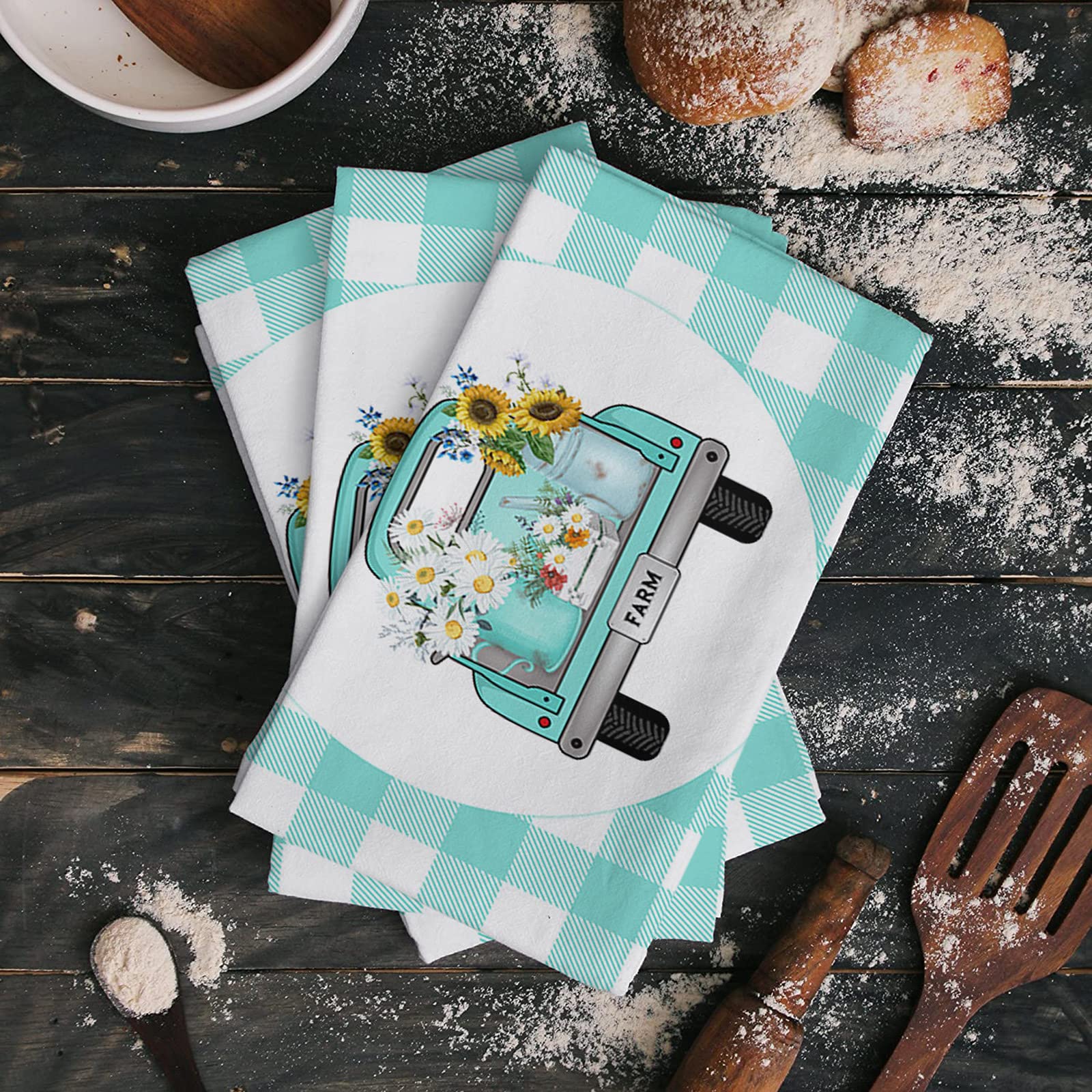 Farmhouse Blue Truck Sunflower Daisy Kitchen Towels - 18x28 Inches Soft Cotton Dish Cloths, Tea Towels & Hand Towels (4 Pack) - Perfect for Kitchen, Bathroom & Bar Use