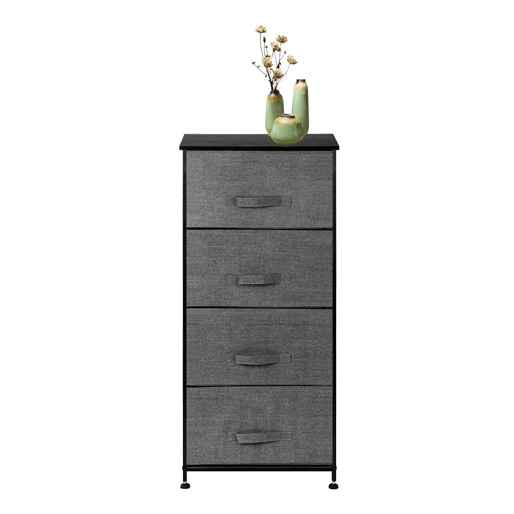 Modern Grey Fabric Dresser with 4 Drawers & Wood Top - Storage Tower, Nightstand, or Bedside Chest - Perfect for Bedroom, Living Room, or Dorm Organization