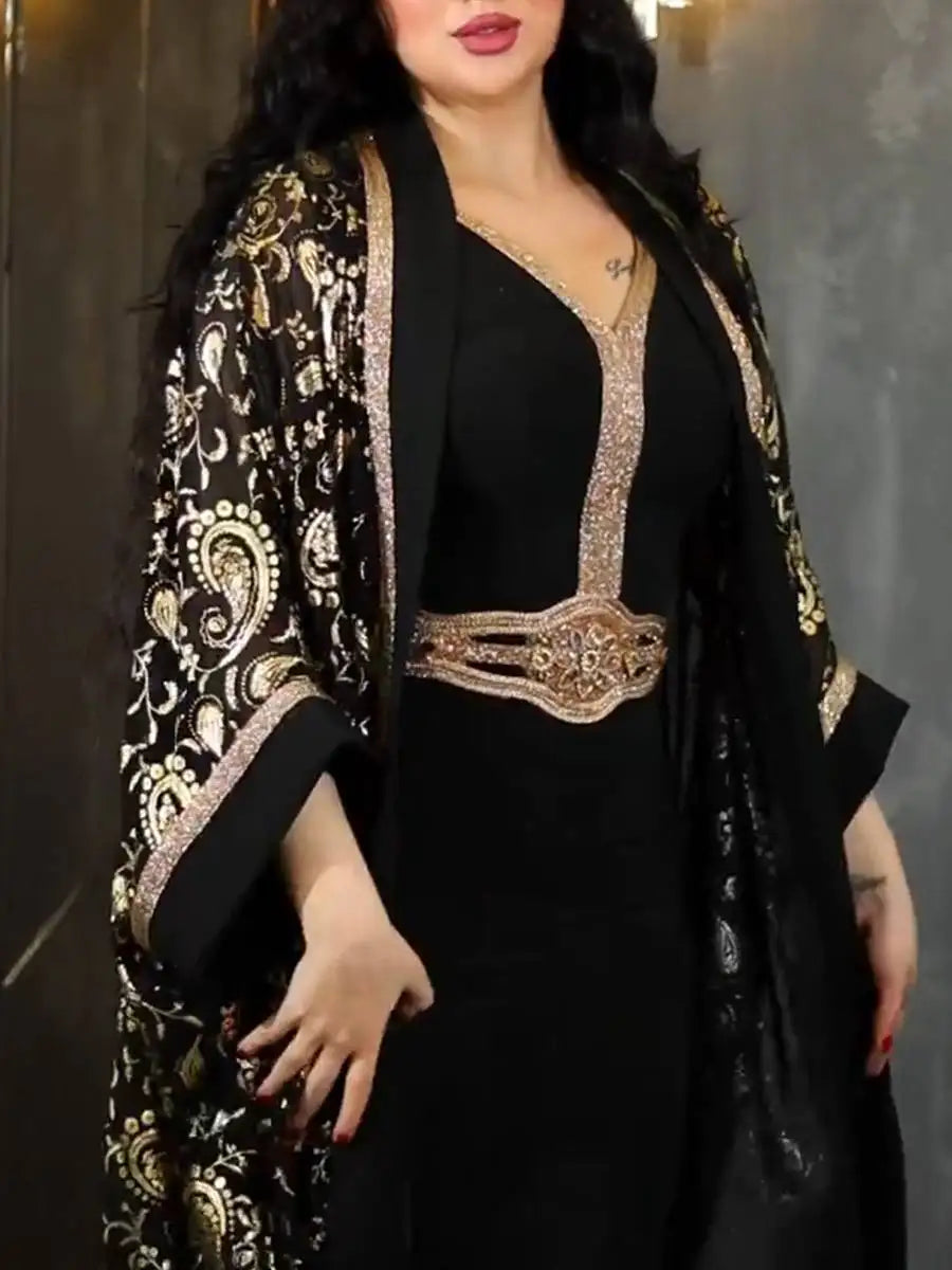 Elegant 2-Piece Muslim Women's Eid Caftan Dress Set with Inner Sleeveless Dress - Perfect for Eid Celebrations, Weddings & Special Occasions