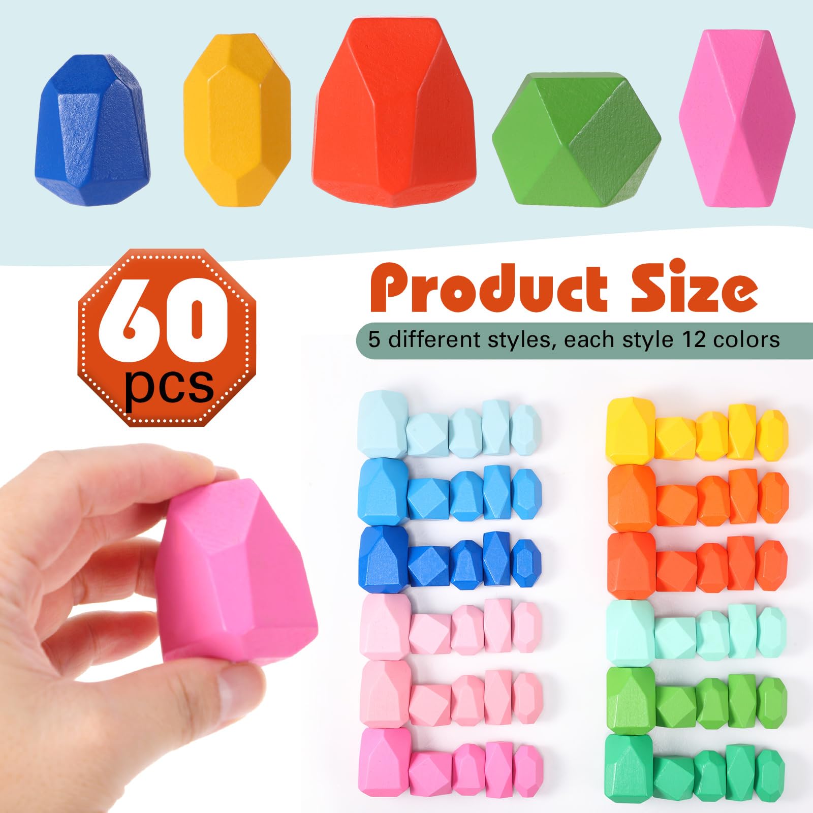 Jenaai 60pcs Wooden Stacking Rocks - Montessori Toys for Toddlers 1+ | Sensory Learning & Easter Gifts