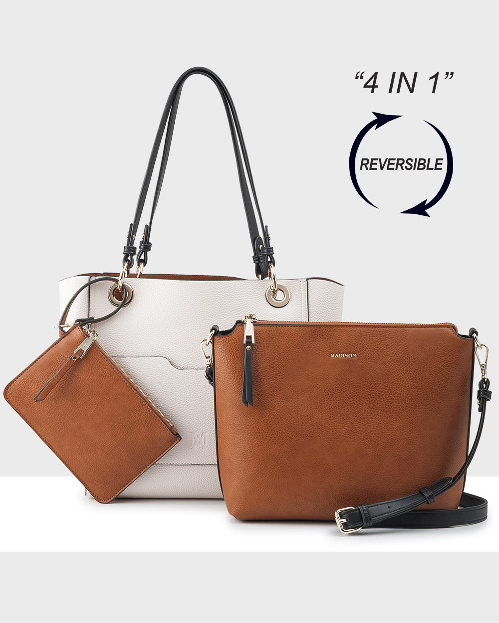 4 in 1 Reversible Tote Bag, Crossbody Purse & Zippered Wallet - Stylish Convertible Handbag for Women, Work, Travel & Everyday Use