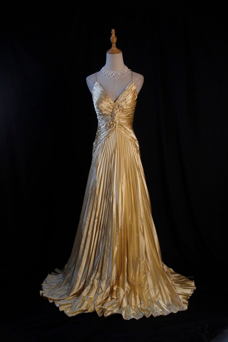 Elegant Gold A-Line Spaghetti Strap Satin Long Prom Dress with V-Neck & Pleated Details - Perfect for Evening Gowns, Formal Dances, Weddings & Special Occasions