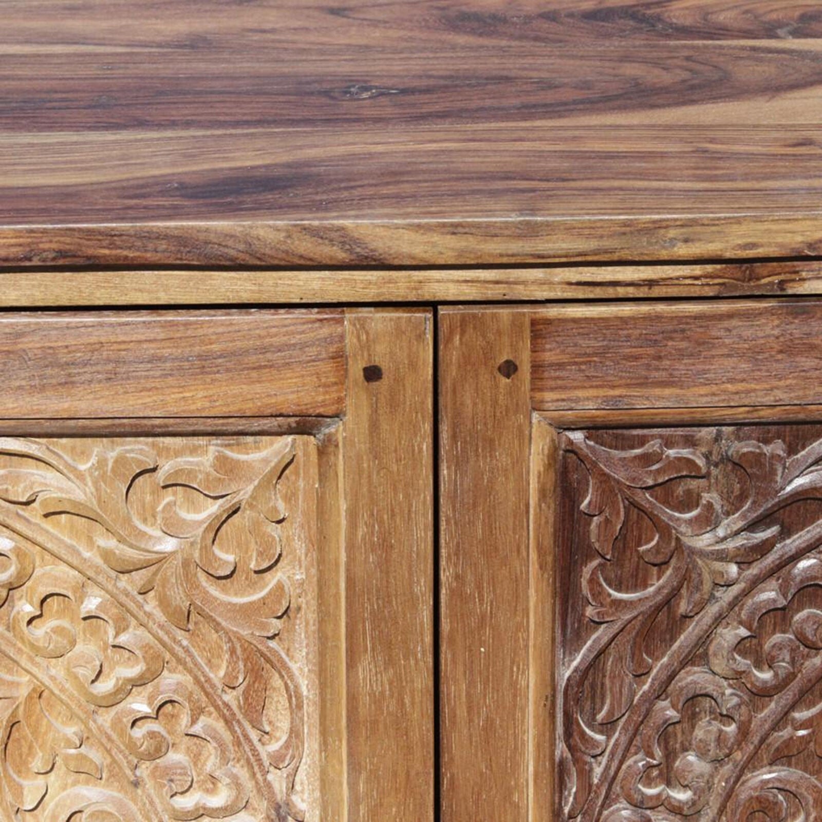 Hand Carved Solid Wood Sideboard with Natural Finish - Rustic Entryway Buffet for Dining Room & Living Room Storage