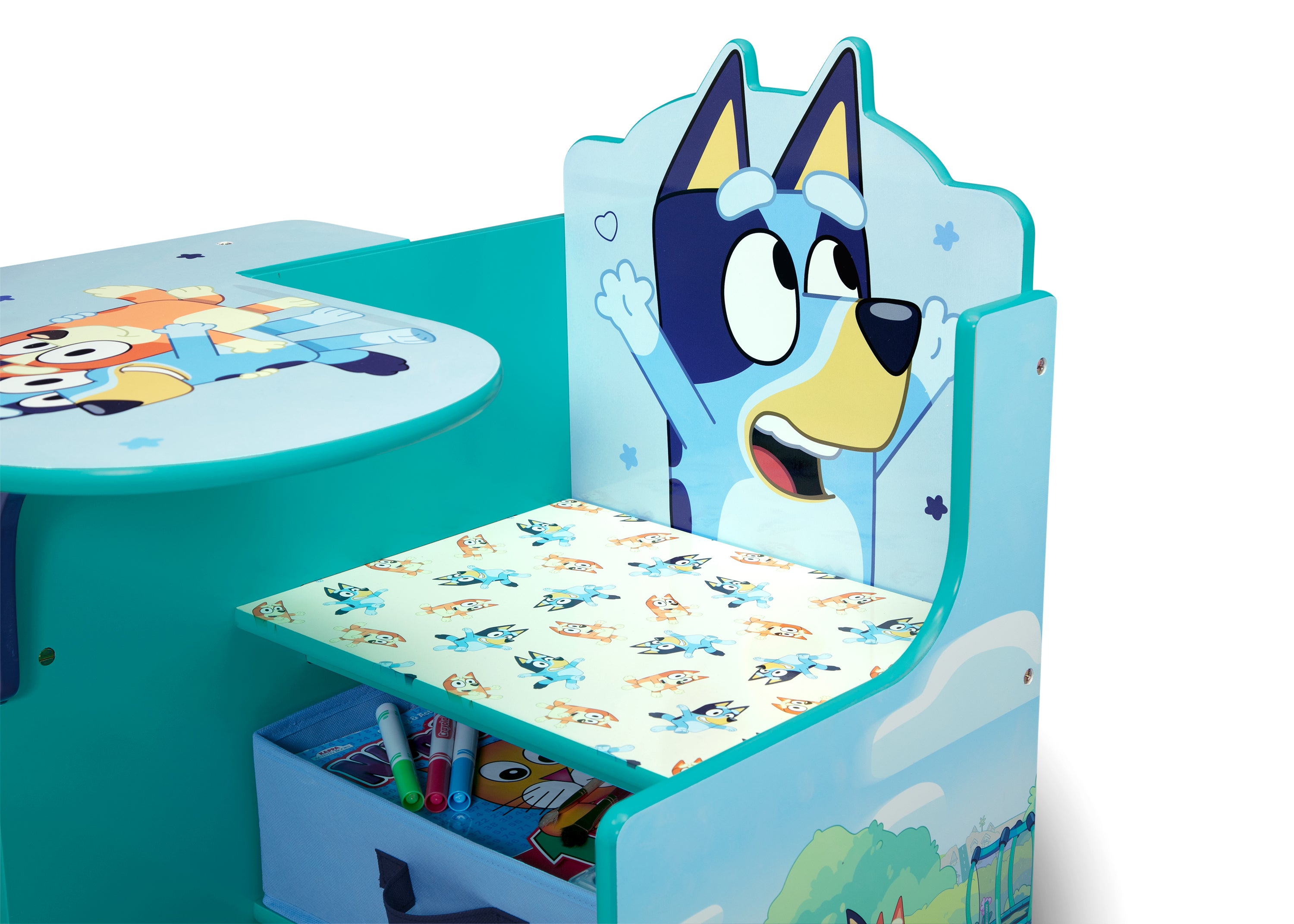 Bluey Kids Chair with Storage Bin - Foldable Study Desk for Children, Perfect for Playroom, Classroom & Home Learning Activities