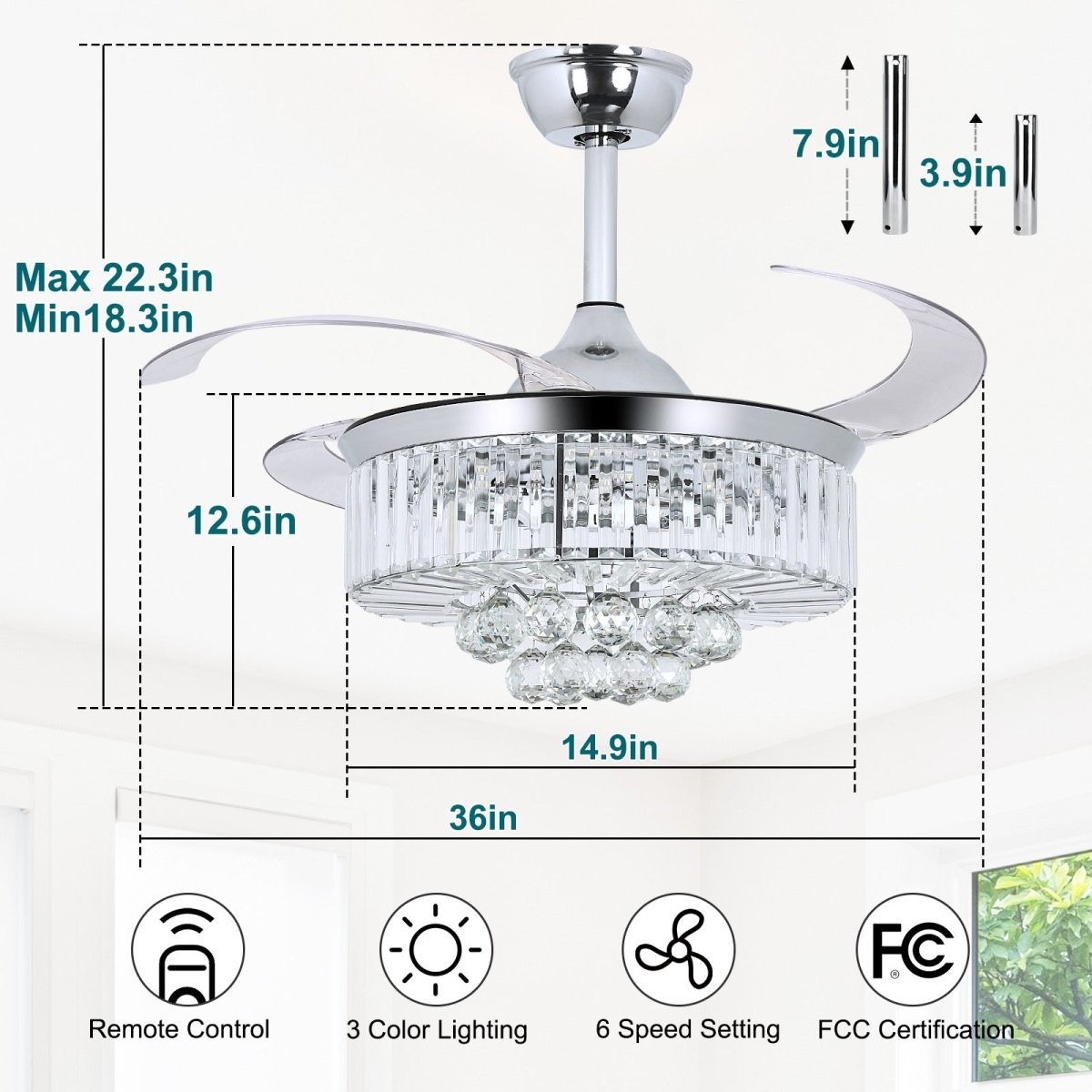 Modern Crystal Retractable Invisible Blades Fandelier - 42 Inch LED Chandelier Ceiling Fan with Remote, 3 Color Temperatures (3000K-6000K), 6-Speed Reversible DC Motor, Silver - Perfect for Bedroom, Living Room, and Dining Room Lighting