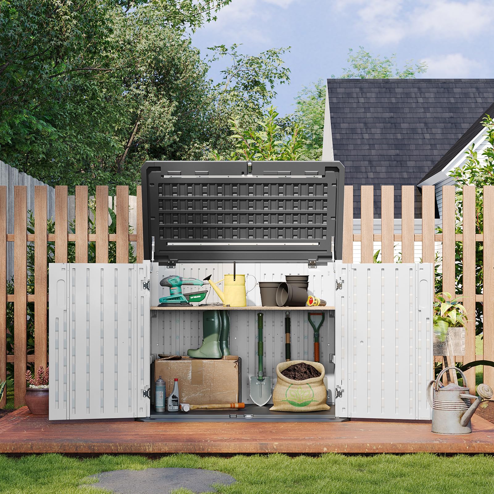 **Aoxun 35 Cu.Ft Outdoor Storage Cabinet – Waterproof Horizontal Trash Can Shed for Garbage Bin, Generator & Lawn Mower – Perfect for Backyard, Patio & Garage Organization (White)**