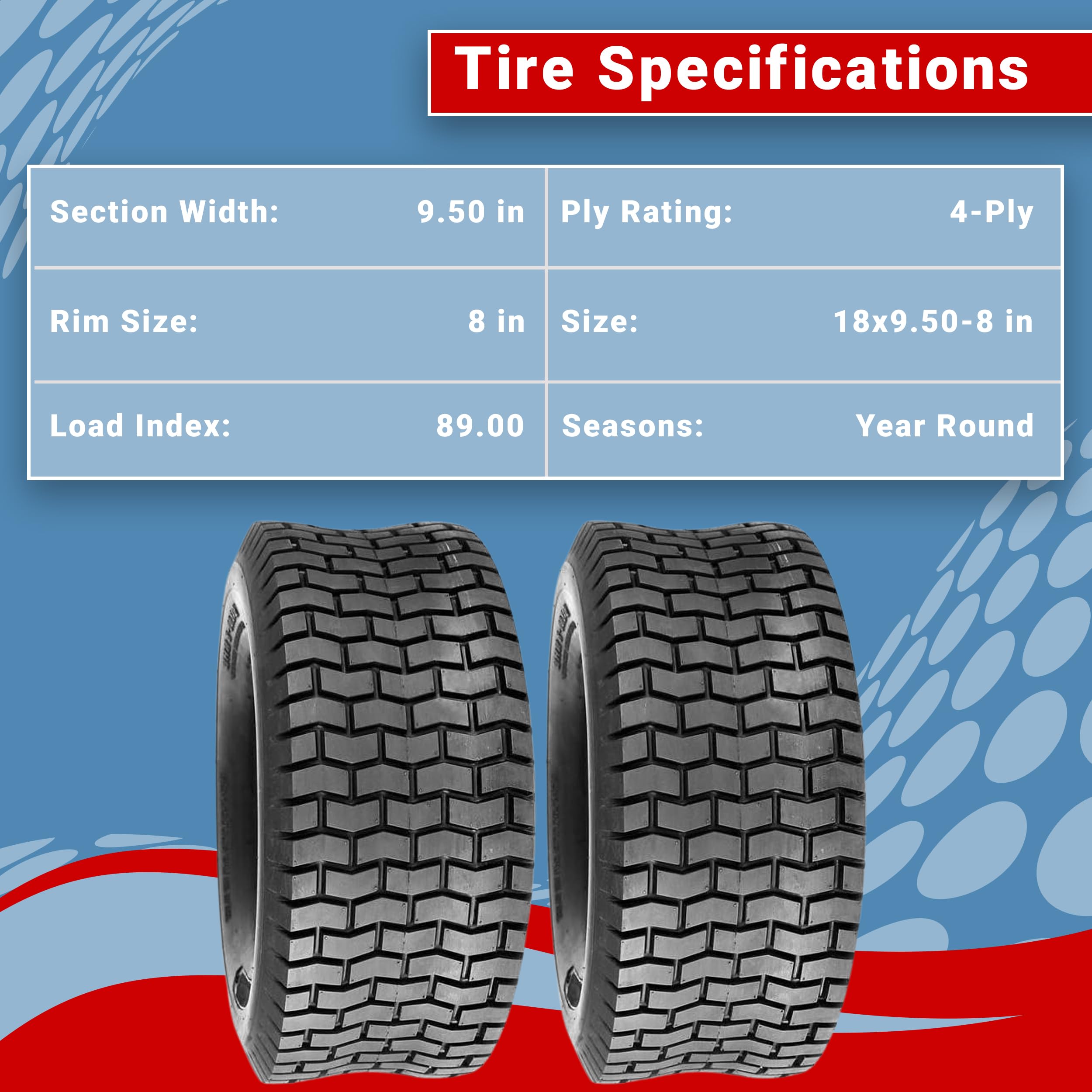 **Two 18x9.50-8 Heavy Duty Tubeless 4-Ply Turf Tires for Riding Lawn Mowers & Garden Tractors – Non-Directional, Durable Farming & Landscaping Tires (Perfect for Lawn Care, Golf Courses & Agricultural Use)**