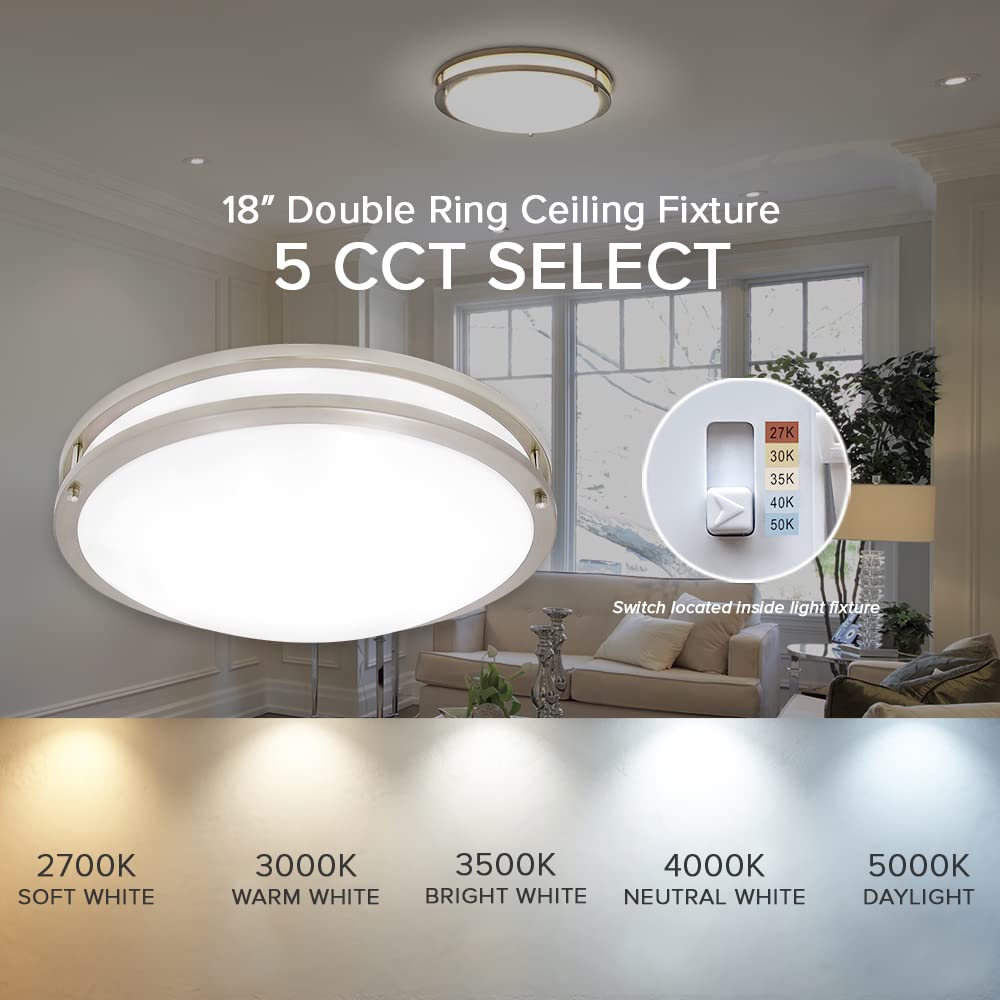 Maxxima 18 Inch 5 CCT LED Flush Mount Ceiling Light Fixture with 3-Way Digital Dimmer Wall Switch, 2700K-5000K Adjustable Color Temperature, 2000 Lumens Bright Lighting - Perfect for Bedroom, Kitchen, Hallway, and Office Spaces
