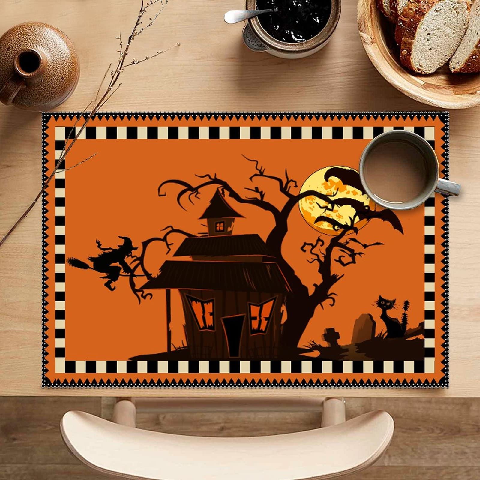 Happy Halloween Placemats Set of 4 - Wicked Pumpkin & Spider Design, Heat Resistant, Washable, Non-Slip Table Mats for Kitchen Dining - Perfect for Holiday Banquets, Fall Decor & Spooky Dinner Parties