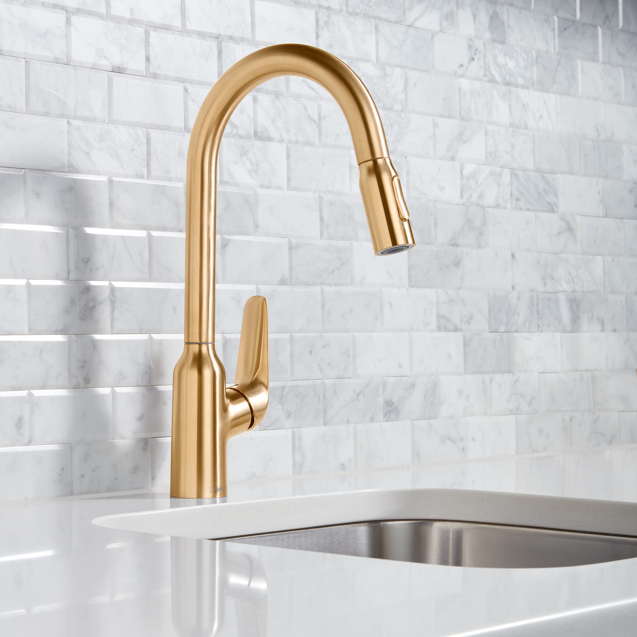 Hansgrohe Focus N Gold High Arc Pull Down Kitchen Faucet with Sprayer - Brushed Gold Finish (Model 71800251) - Perfect for Modern Kitchens, Restaurant Prep Areas & Luxury Home Renovations