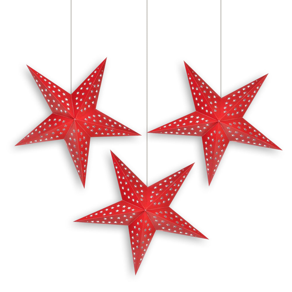 3 Pack Red Starry Night 24 LED Paper Star Lanterns - Hanging Party Decorations for Christmas, Weddings & Outdoor Events