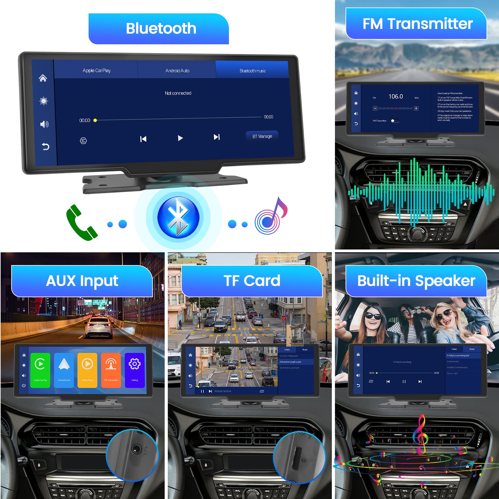 10.3 Inch Portable Wireless CarPlay Android Auto Screen - Hikity Full HD Touchscreen Car Display with Bluetooth, AUX, Voice Control, Reverse Camera & FM Radio | Perfect for GPS Navigation, Hands-Free Calling & Safer Driving