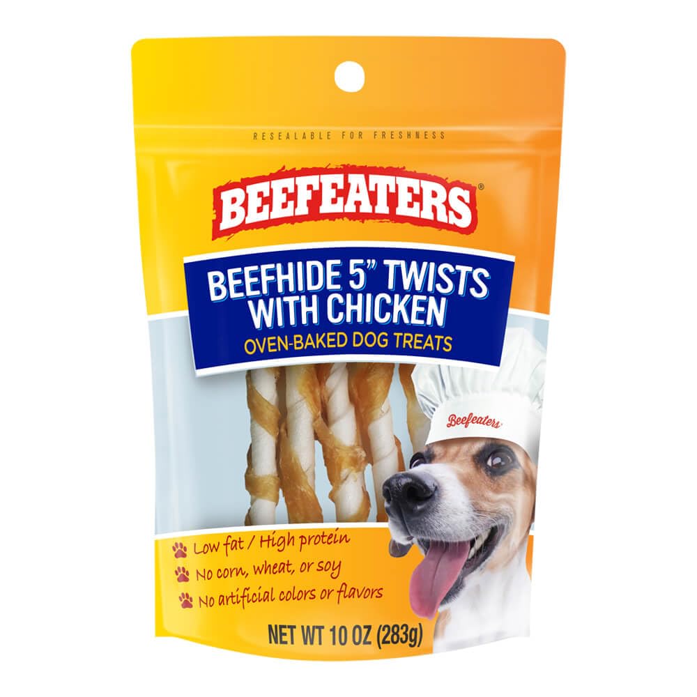 Premium Beefeaters Beefhide 5in Twist Dog Treats with Chicken - 10oz High Protein, Low Fat Snacks Enriched with Vitamins & Minerals | Promotes Dental Health & Clean Teeth | Ideal for Dog Training, Chewing & Rewards for All Dog Sizes | Perfect for Puppies, Adult & Senior Dogs at Home or Outdoor Activities