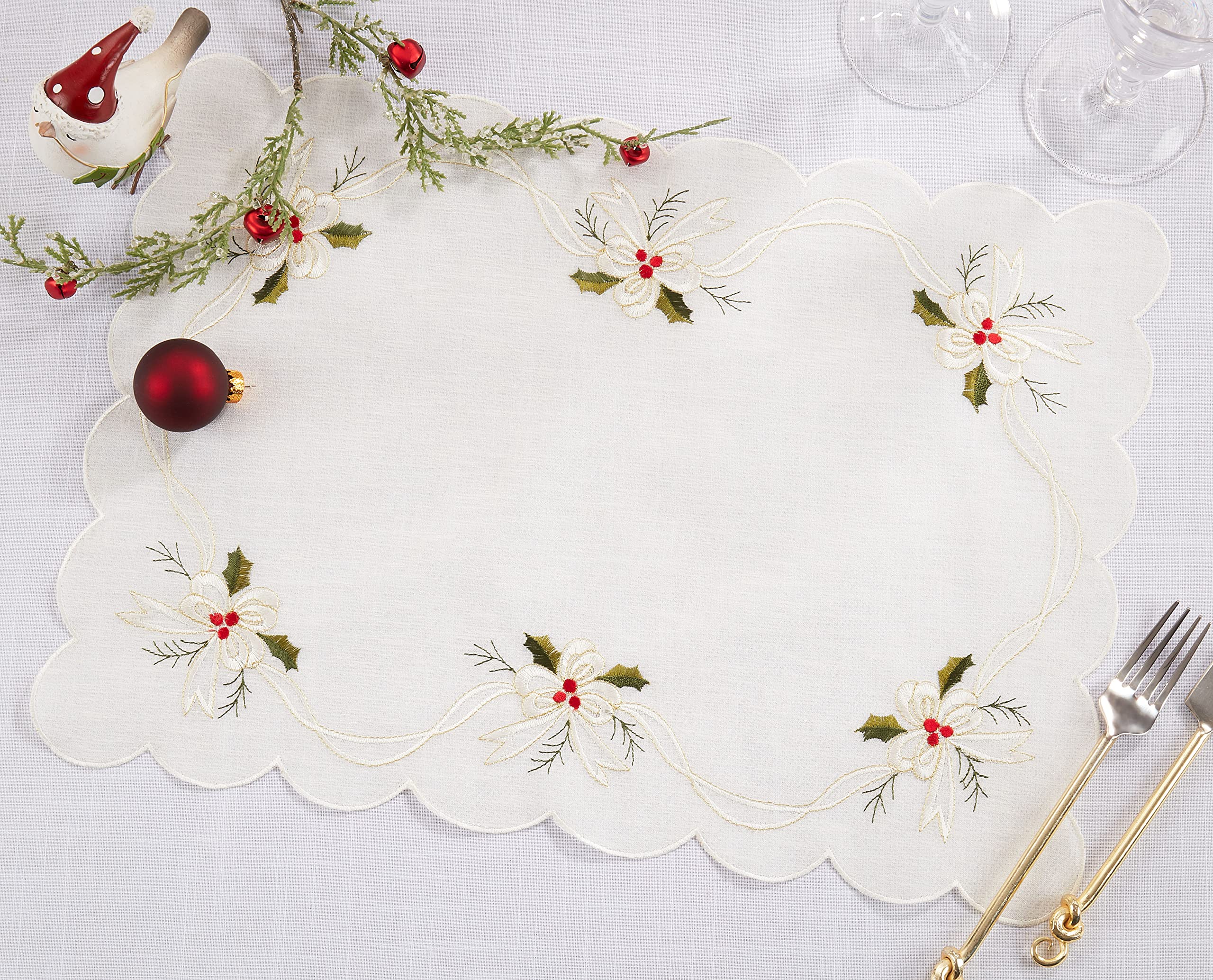 Embroidered Holly and Ribbon Christmas Placemats Set of 4 - Holiday Table Decor for Dining Room, Party, and Festive Home Decor