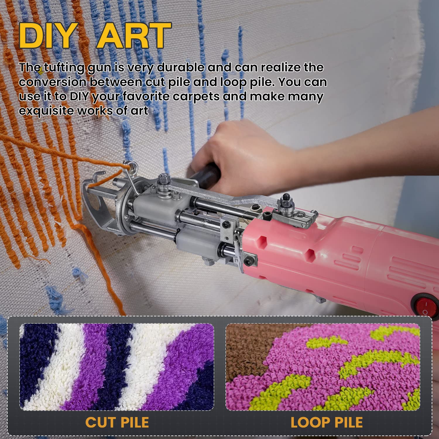 Draywitt Tufting Gun Kit - 2-in-1 Cut Pile Rug Tufting Gun Machine Starter Kit (Pink) for DIY Carpet Making, Home Decor & Craft Projects
