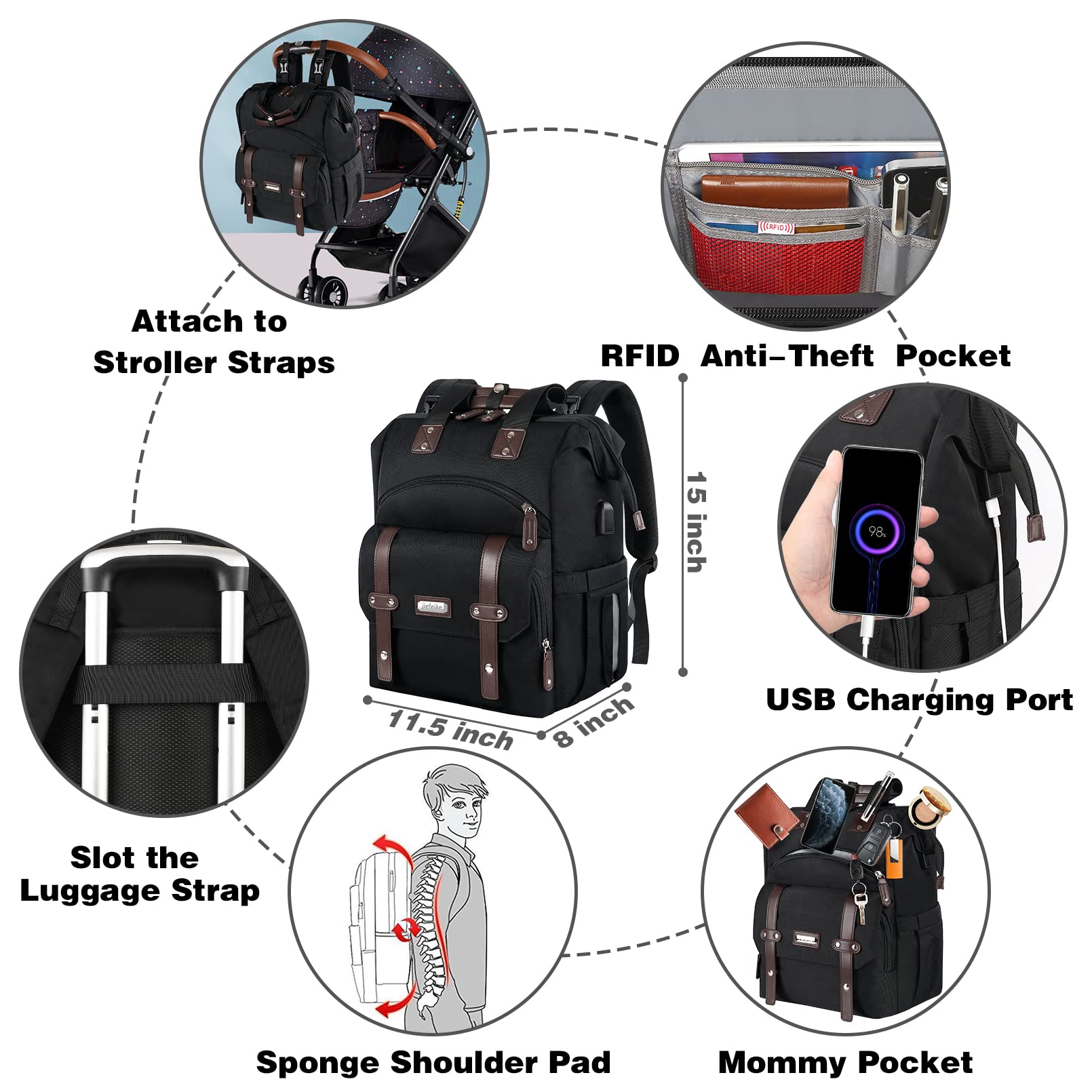 Jiefeike Diaper Bag Backpack for Baby Boys & Girls - Insulated Pockets, USB Charging Port, RFID Anti-Theft, Water-Resistant - Perfect for Parents, Stroller Straps Included - Ideal for Travel, Outings & Daily Baby Care