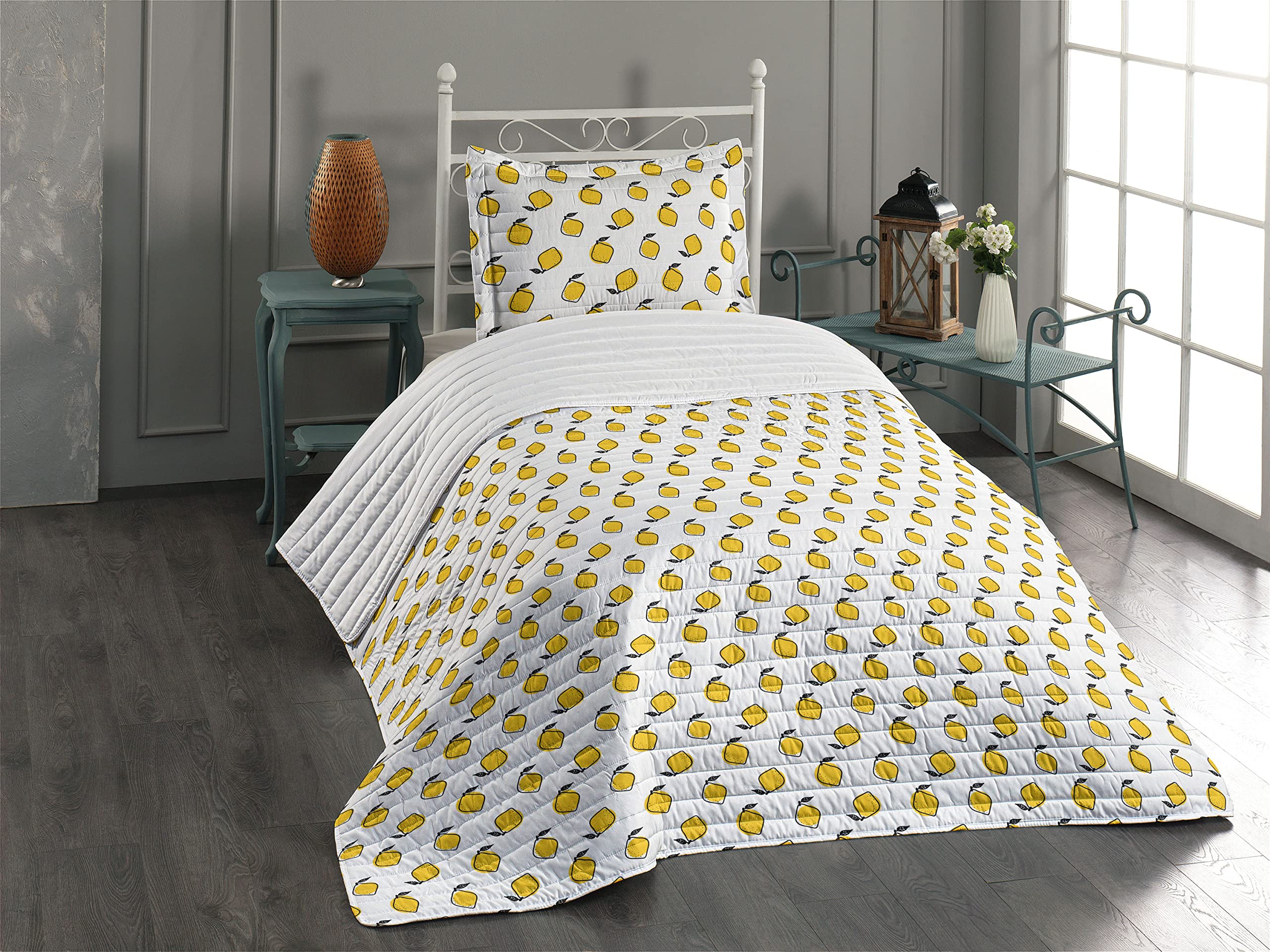 Ambesonne Yellow and White Microfiber Bedspread Set - Doodle Style Lemons with Leaves and Dots Fresh Juicy Fruit Pattern - Soft Twin Size Bedding Set with Pillow Sham & Comforter - Perfect for Summer Bedroom Decor, Kids Room, and Guest Room