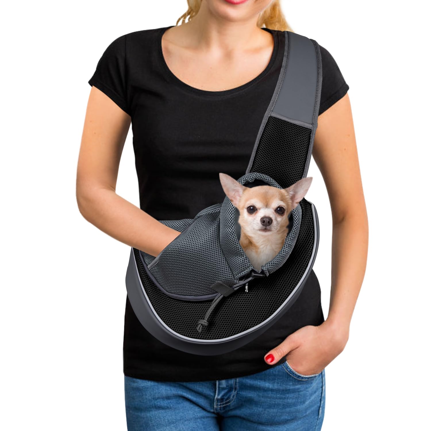 YUDODO Adjustable Mesh Pet Sling Carrier - Hands-Free Dog & Cat Satchel Bag for Small to Medium Pets (Up to 5 lbs) - Perfect for Travel, Hiking & Outdoor Adventures (Black)
