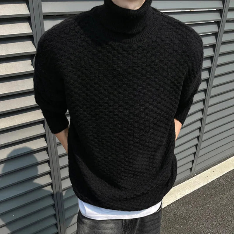 Men's Turtleneck Jacquard Knit Sweater - Loose Fit Pullover Solid Color Casual Winter Knitwear for Autumn & Winter | Office Wear, Holiday Outfits, Cold Weather Fashion