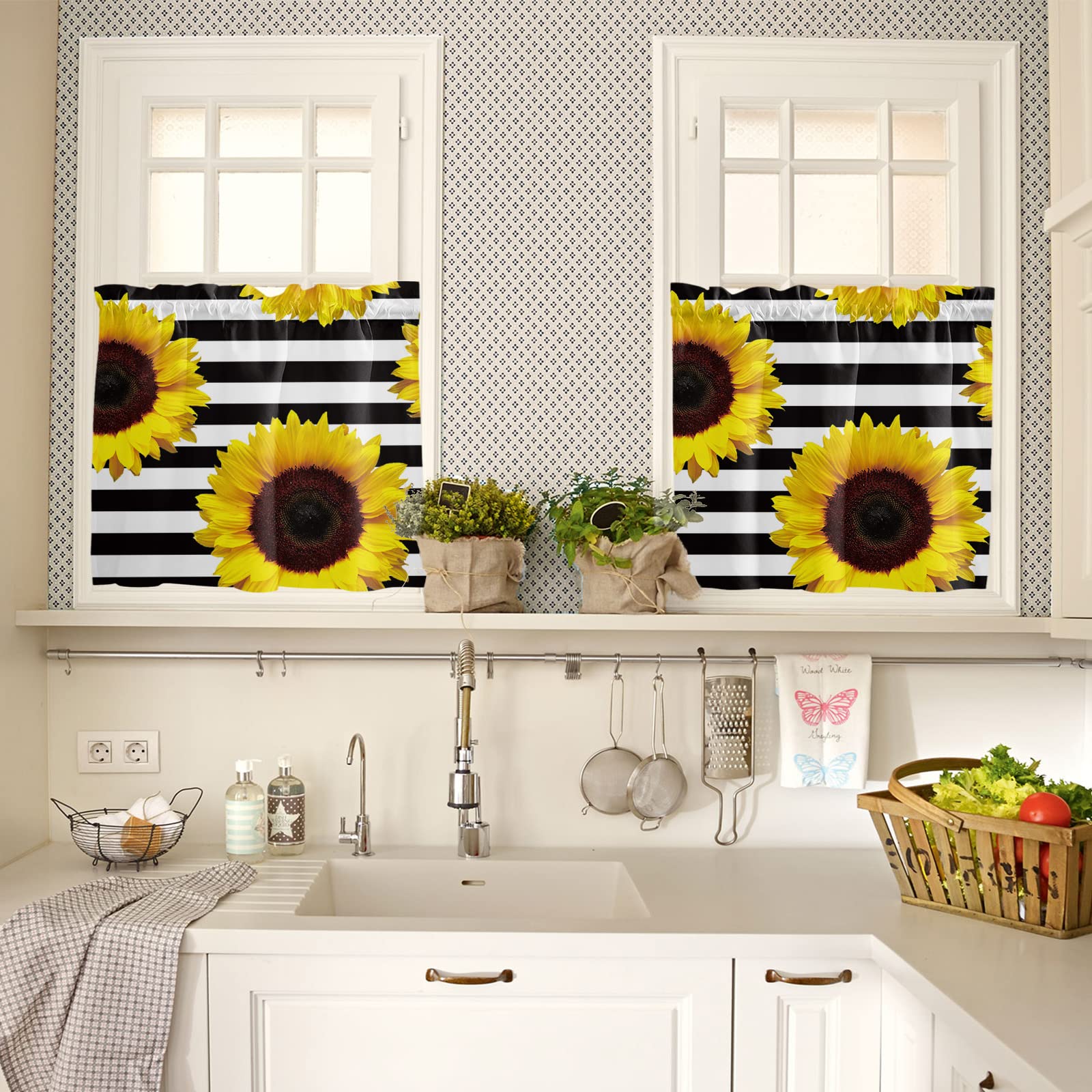 36 Inch Sunflower Black & White Striped Rod Pocket Kitchen Curtains - 2 Panel Cafe Curtain Set for Windows, Tier Window Treatment & Home Decor | Perfect for Farmhouse Kitchens, Dining Rooms & Cozy Breakfast Nooks