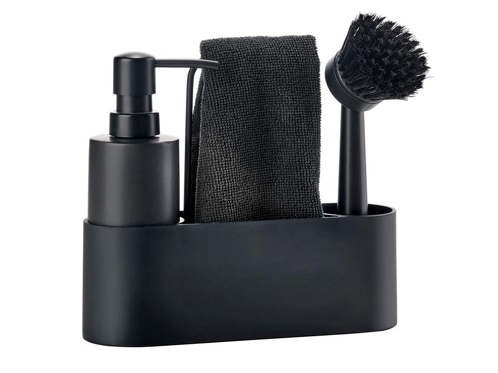 Premium ZONE DENMARK Dishwashing Set with Round Soap Dispenser - Black | Complete Kitchen Cleaning Kit for Sink, Countertop & Dish Rack Organization