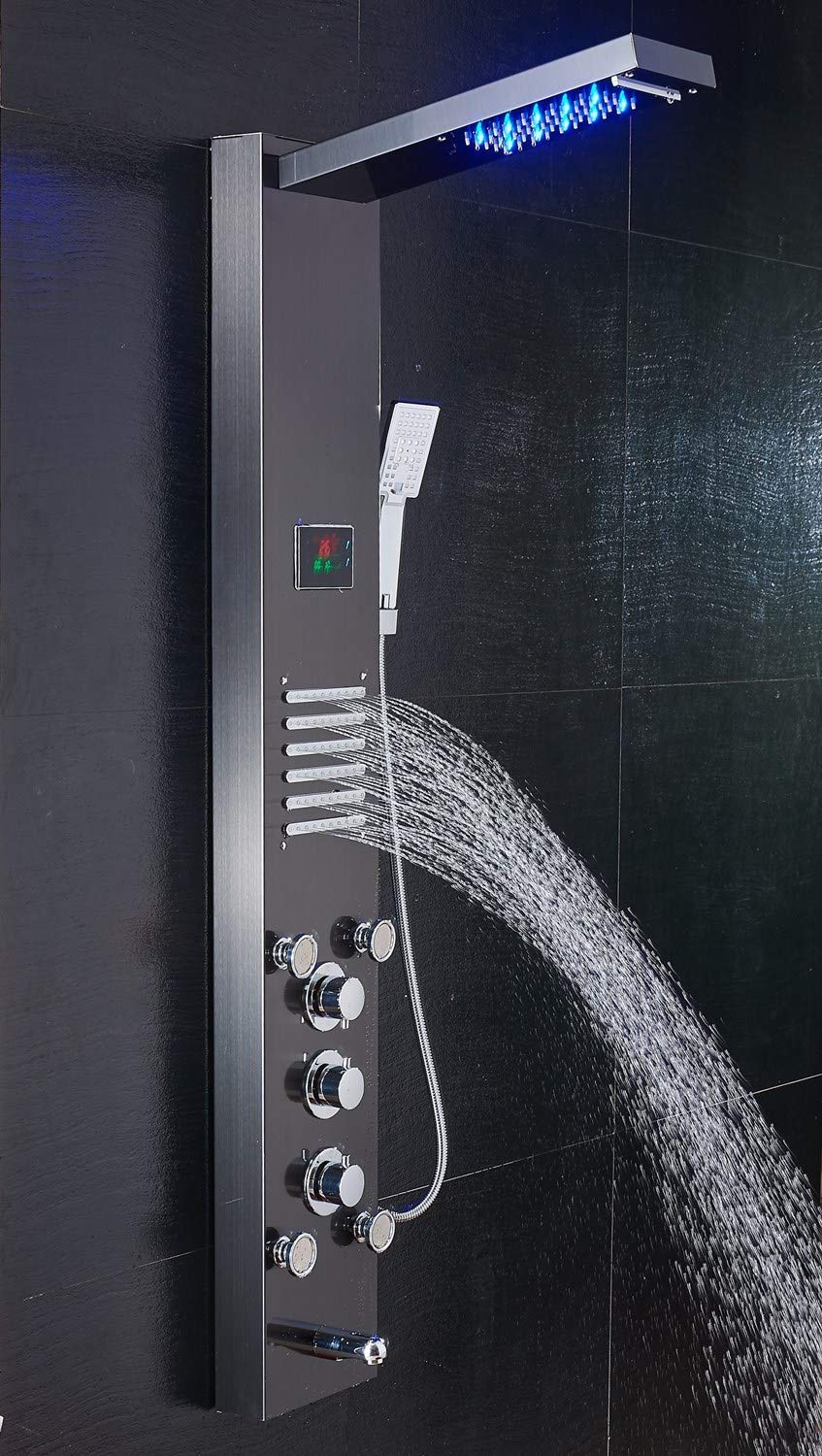 Premium Black LED Shower Panel Tower with Rainfall Shower Head & Body Jets - Modern Rain Massage System for Spa-Like Bathroom Experience | Perfect for Master Bath, Luxury Hotels & Relaxing Home Showers