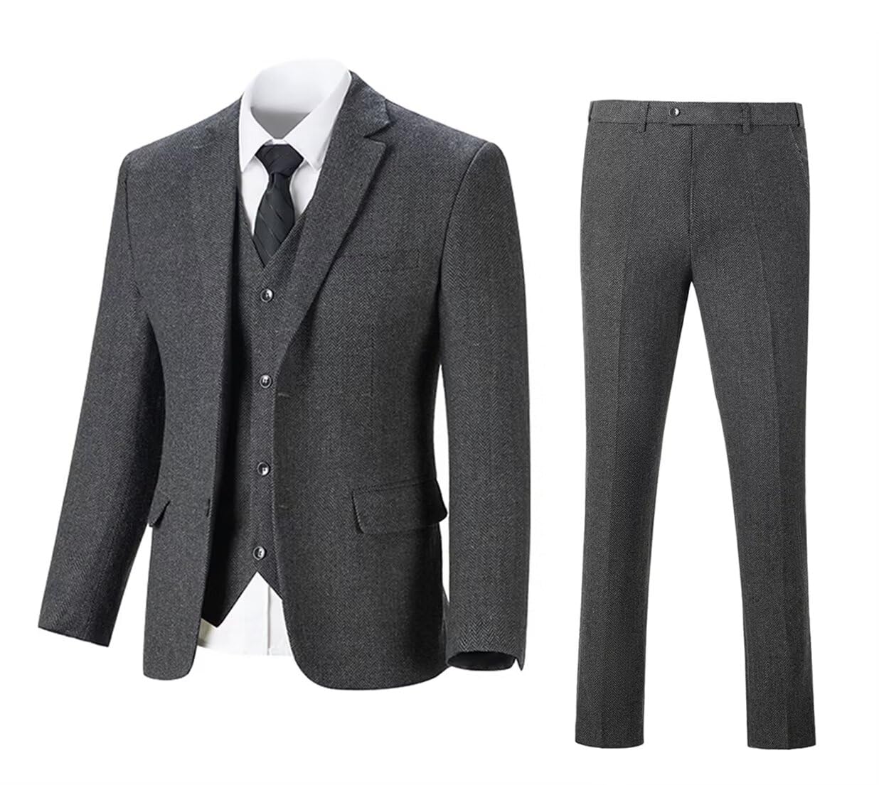 Retro Men's 3-Piece Tweed Herringbone Slim Fit Suit Set - Brown Groomsmen Tuxedo with Jacket, Vest & Pants for Weddings, Prom & Formal Events