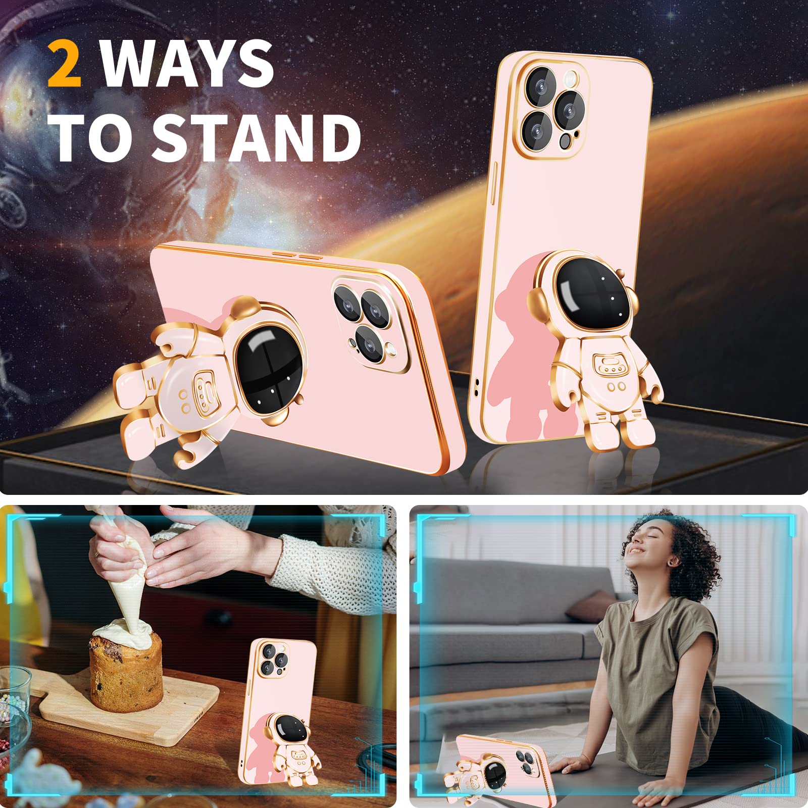 Loheckle Cute 6D Plating Astronaut Phone Case for iPhone 13 Pro Max (6.7 Inch) with Hidden Stand & Camera Protector - Durable Protective Cover for Everyday Use, Travel & Work