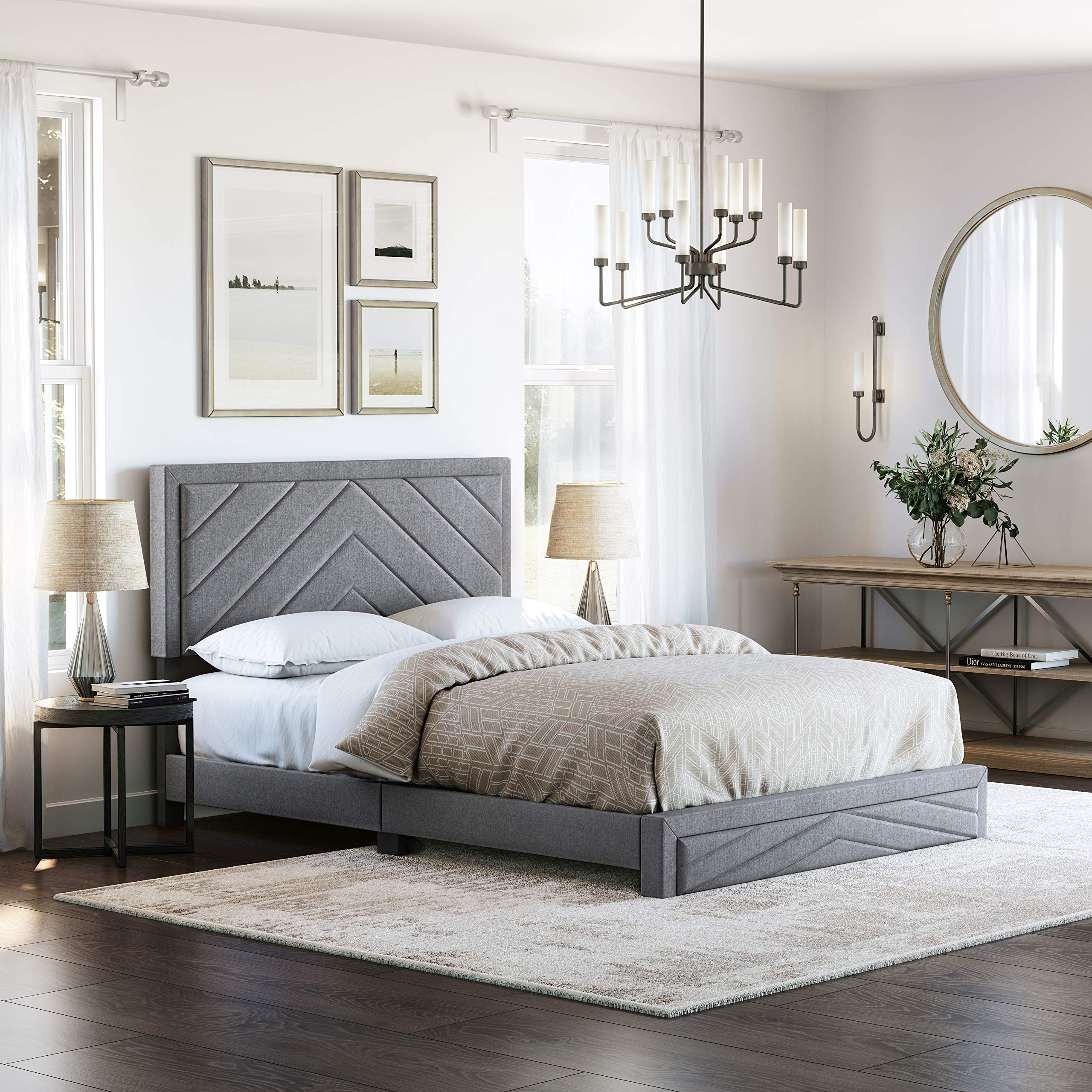 Boyd Sleep Barcelona Upholstered Full Size Platform Bed with Headboard - 14 Wood Slat Support, No Box Spring Needed - Durable Mattress Foundation - Gray - Perfect for Modern Bedrooms & Guest Rooms
