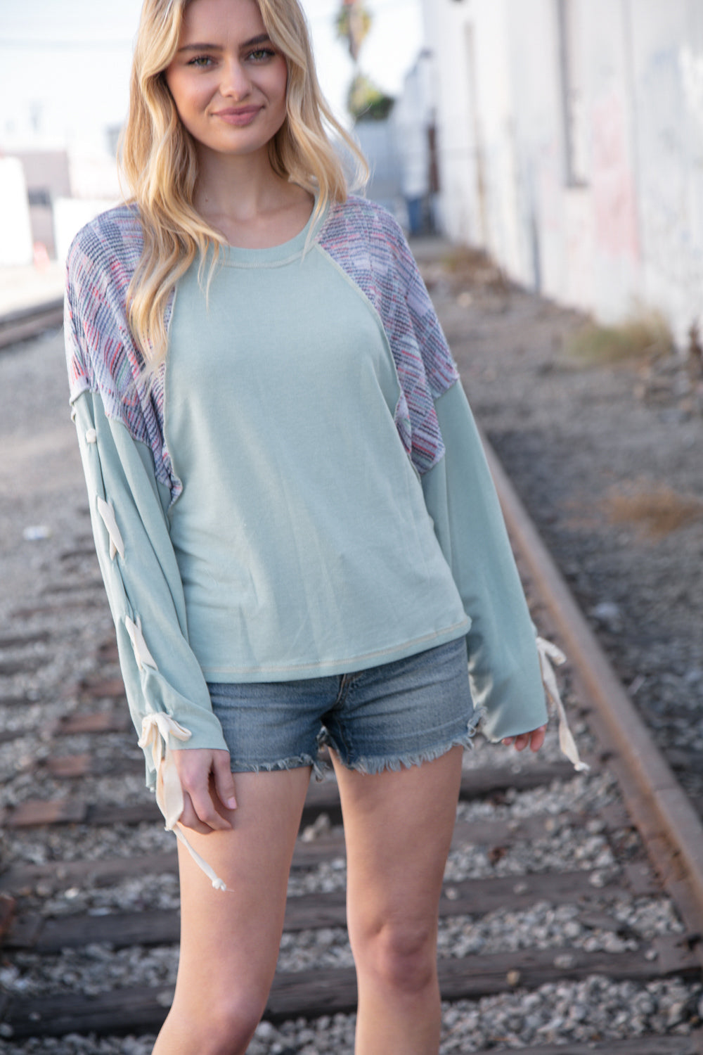 Stylish Mint Lace-Up Long Sleeve French Terry Oversized Pullover Sweatshirt | Women's Casual Loungewear for Fall & Winter | Perfect for Coffee Dates, Weekend Errands and Cozy Nights