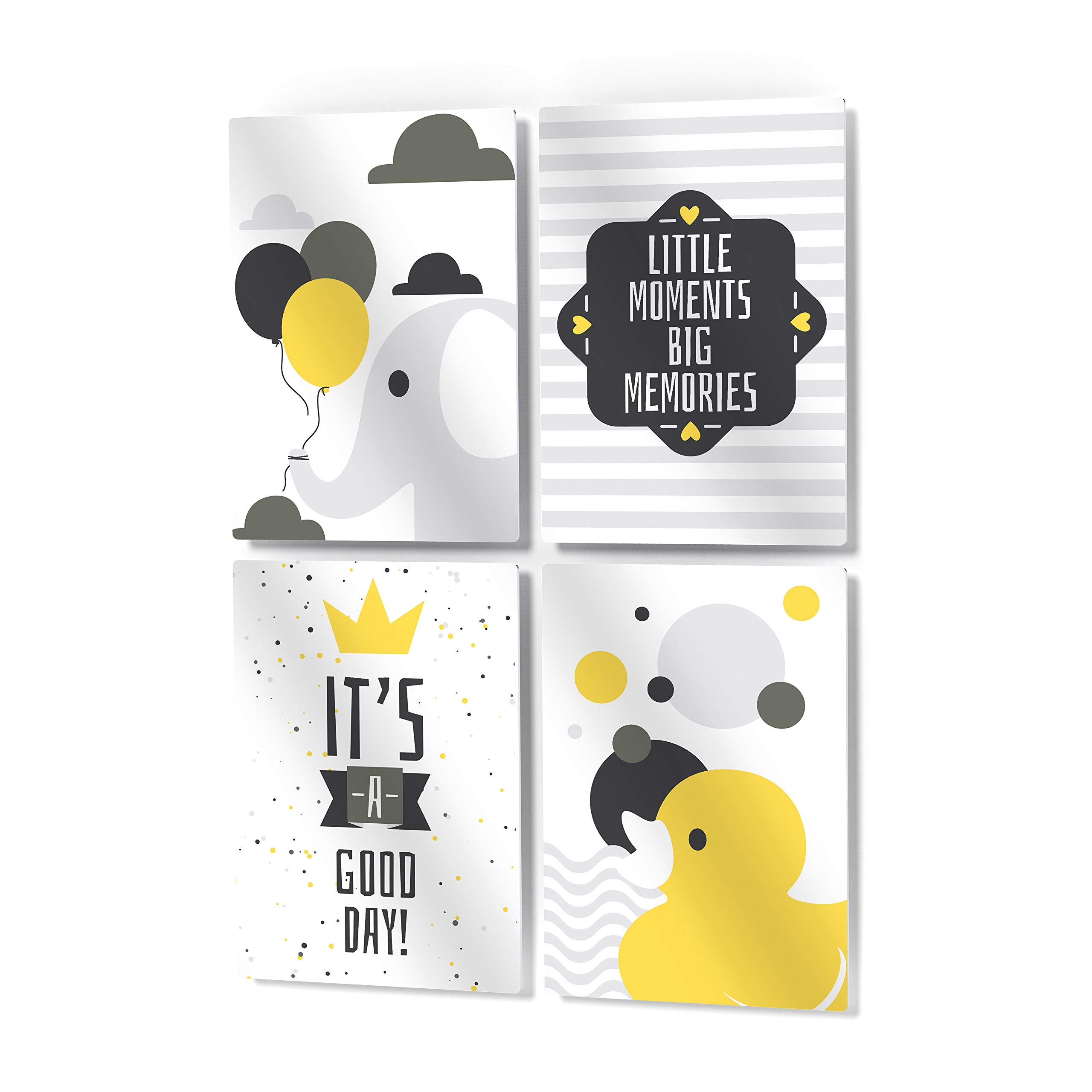 HB Art Design Elephant & Chick Motivational Wall Art - 4 Panel Metal Print Set for Nursery, Baby Girl & Boy Room, Kids Room Decor - Ready to Hang, 100% Handmade in USA (12x8 Inches x4) - Perfect for Nursery Themes, Baby Showers & Children's Bedroom Decor