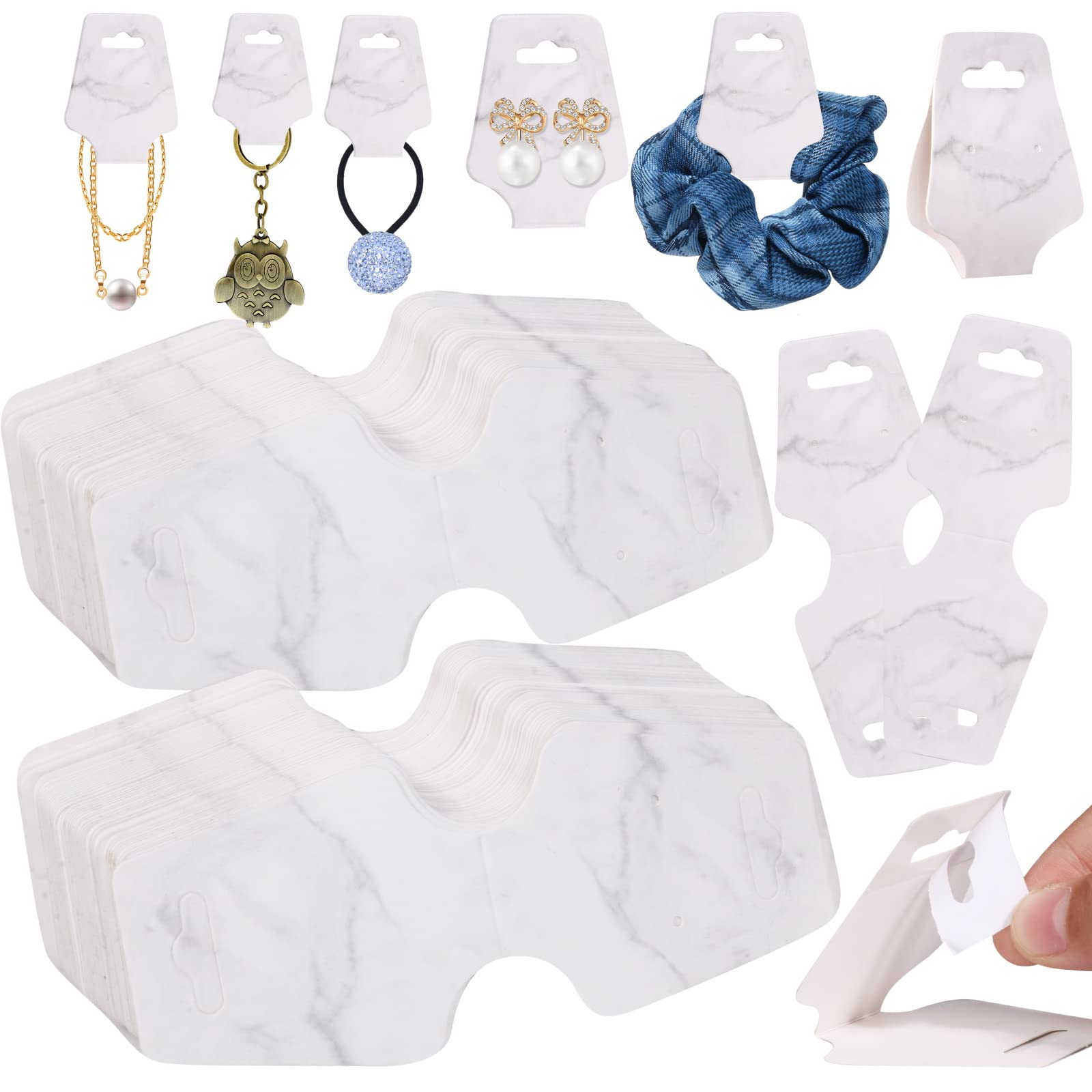 200PCS Jewelry Display Cards - Bracelet, Necklace, Keychain & Hair Band Holder - Self Adhesive Fold Over Packaging (Marble, 1.8x4.7 inches) - Perfect for Retail Stores, Boutiques & Handmade Jewelry Packaging