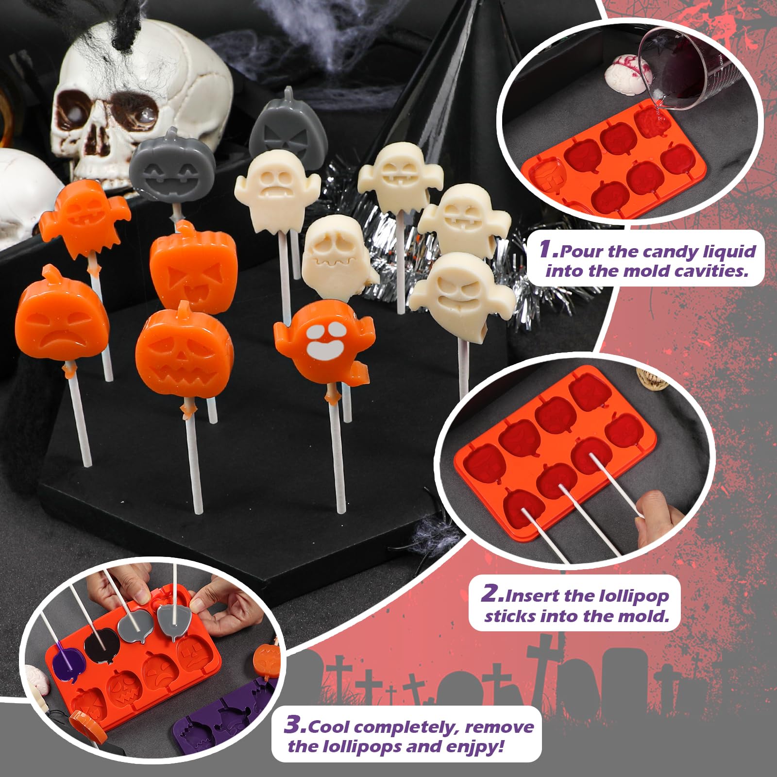 Halloween Silicone Lollipop Molds Set - Pumpkin & Ghost Shaped DIY Candy Chocolate Molds with 100 Paper Sticks for Homemade Treats | Perfect for Halloween Parties, Trick-or-Treat Favors & Holiday Baking