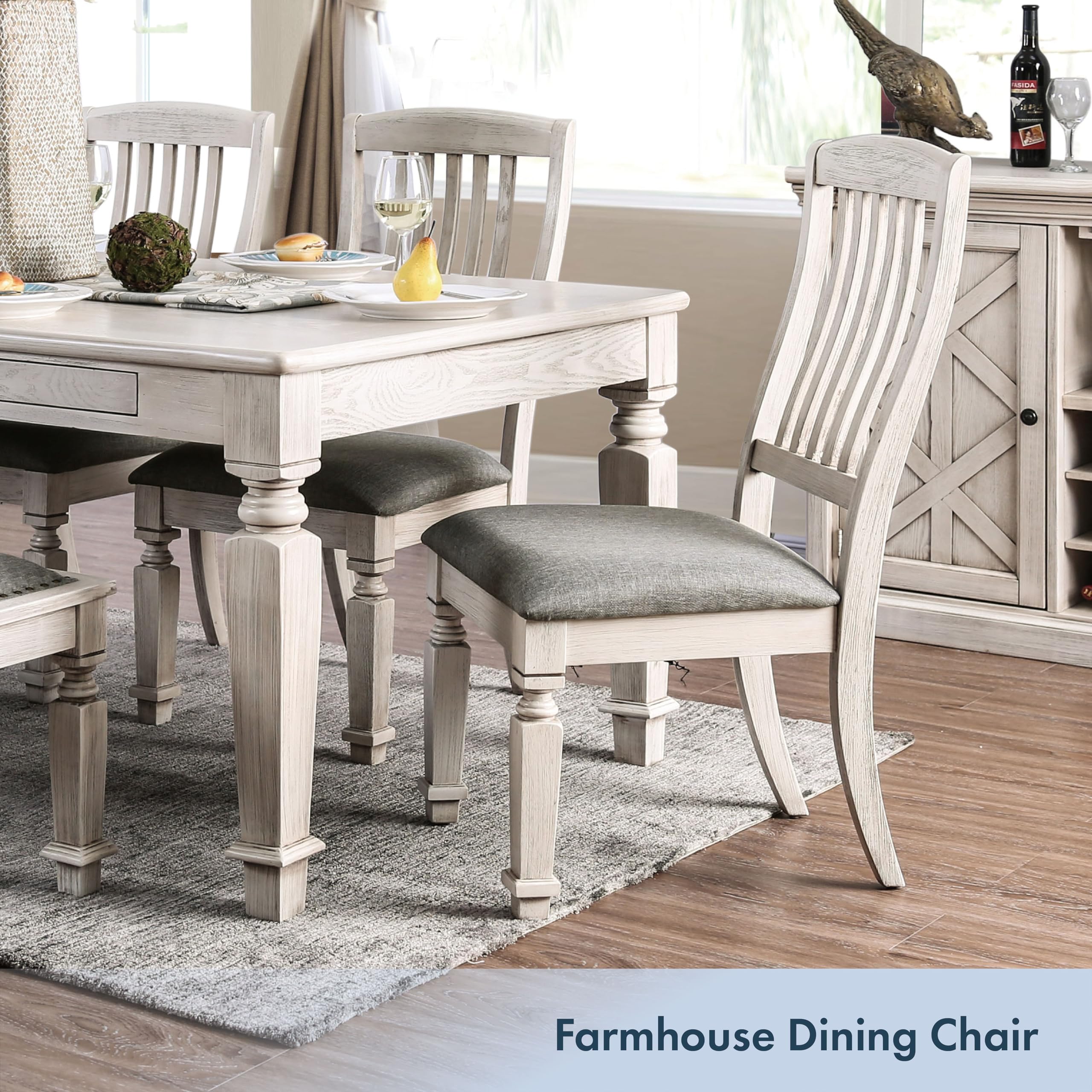 Aslani Farmhouse Dining Chairs Set of 2 - Rustic Wooden Accent Chairs with Upholstered Seats for Kitchen, Dining Room, Living Room & Office - Antique White & Gray - Perfect for Country Style Home Decor & Cozy Gatherings