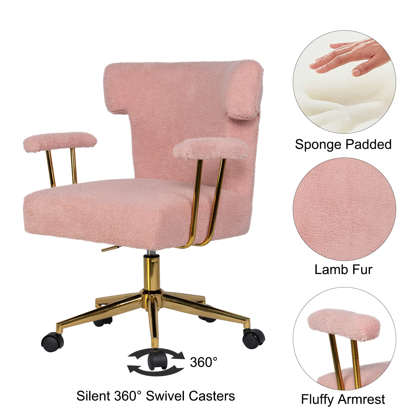HomVent Faux Fur Swivel Chair with Arms - Upholstered Curved Back Fluffy Vanity Makeup Chair for Bedroom, Dressing Room & Home Office